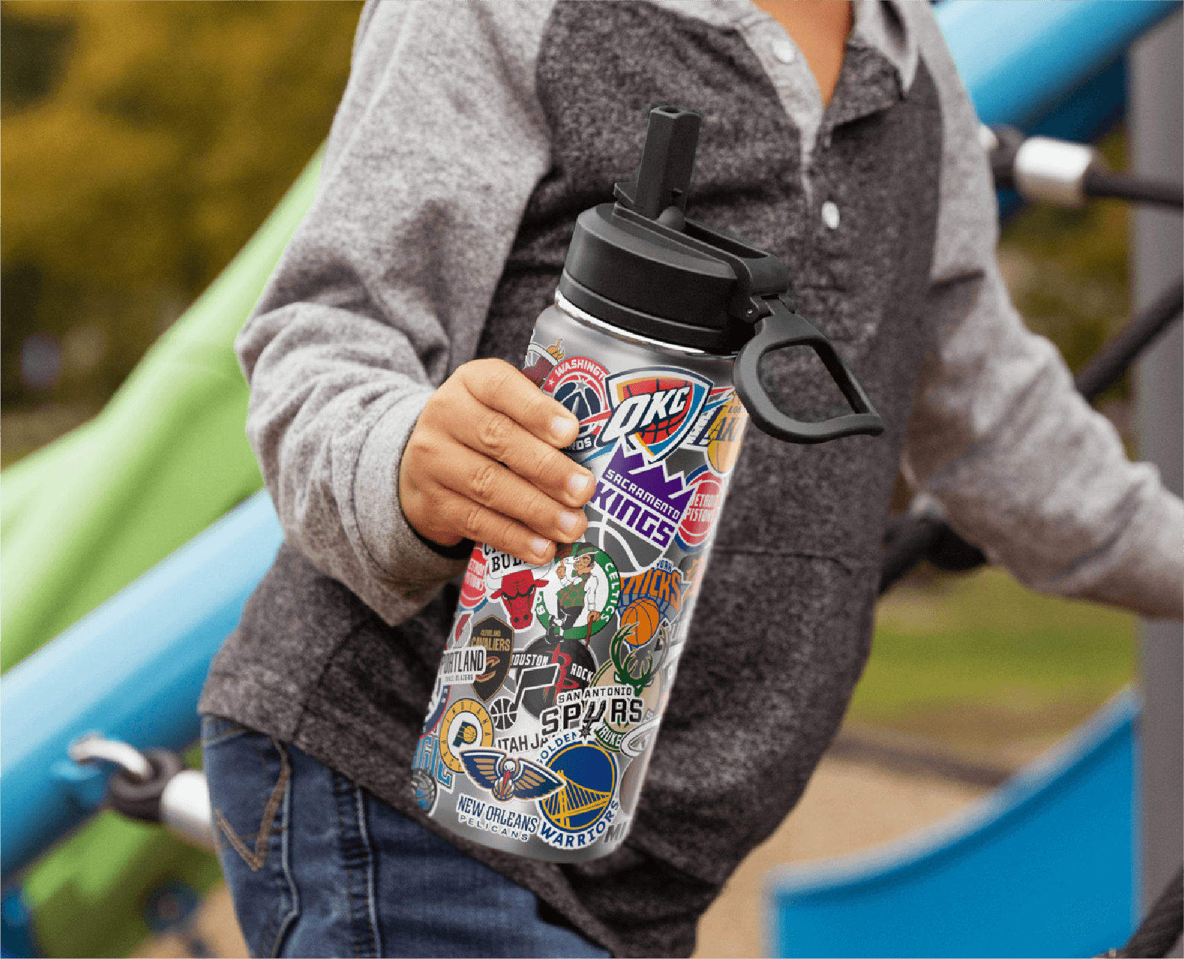 Hydrapeak NBA 20oz All Team Sticker Print Kids Water Bottle with Straw Lid
