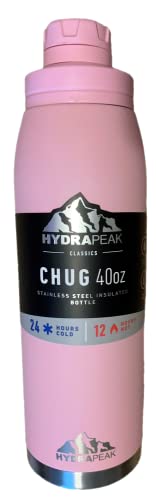 Hydrapeak 40 oz Insulated Water Bottle Chug Lid - Pink - Leak Proof Double Wall Stainless Steel