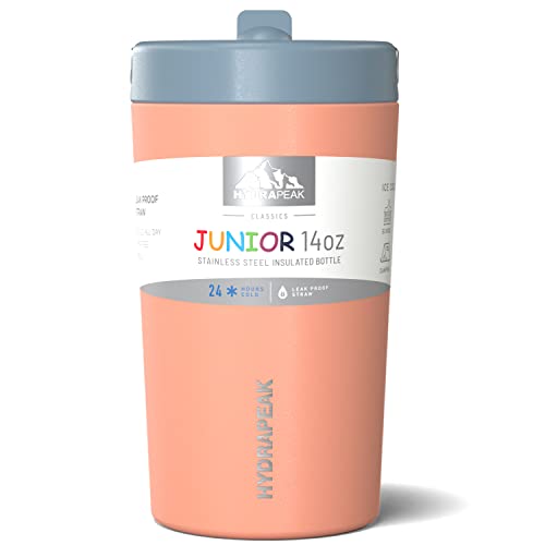 Hydrapeak Junior 14oz Insulated Kids Water Bottle - Peach/Storm, Leak-Proof Straw Lid