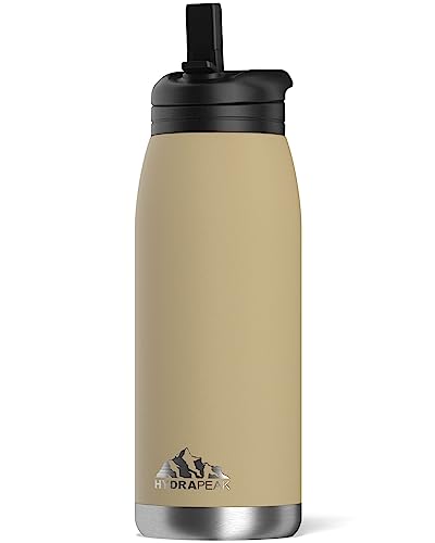 Hydrapeak Flow 32oz Insulated Water Bottle with Straw Lid - Sand, Copper-Coated Stainless Steel, Leak-Proof