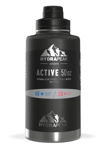 Hydrapeak 50oz Insulated Water Bottle - Black, Leak-Proof Stainless Steel Flask with Chug Lid and Handle