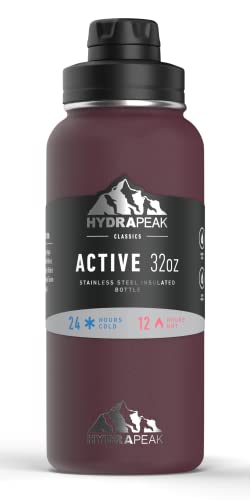 Hydrapeak 32oz Insulated Water Bottle with Chug Lid, Aubergine, Handle