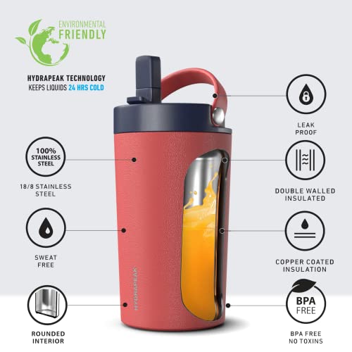 Hydrapeak Junior 14oz Insulated Kids Water Bottle with Straw Lid, Red/Navy, Stainless Steel Double Wall, Leak-Proof