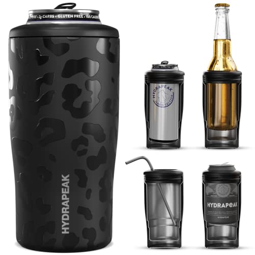 Hydrapeak Black Leopard 4-in-1 Can Cooler – Patterned Universal Drink Cooler