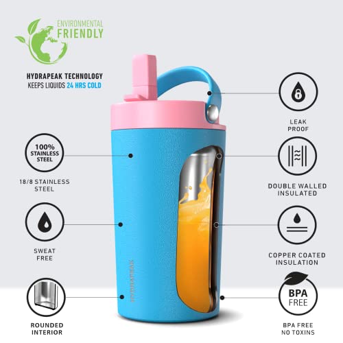 Hydrapeak Junior 14oz Insulated Kids Water Bottle with Straw Lid - Stainless Steel, Leak-Proof, Sky/Bubblegum for