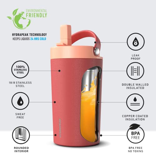 Hydrapeak Junior 14oz Insulated Kids Water Bottle - Red/Peach Straw Lid