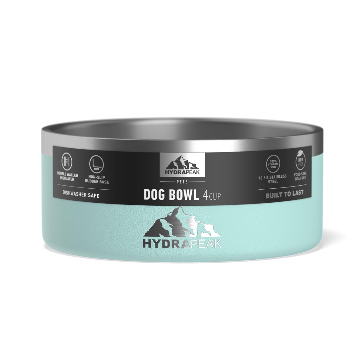 Hydrapeak Aqua Stainless Steel Dog Bowl 8 Cup - 64oz Insulated Non-Slip Water & Food Dish for Large Dogs