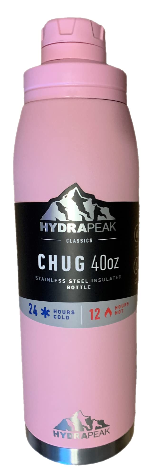 Hydrapeak 40 oz Insulated Water Bottle Chug Lid - Pink - Leak Proof Double Wall Stainless Steel