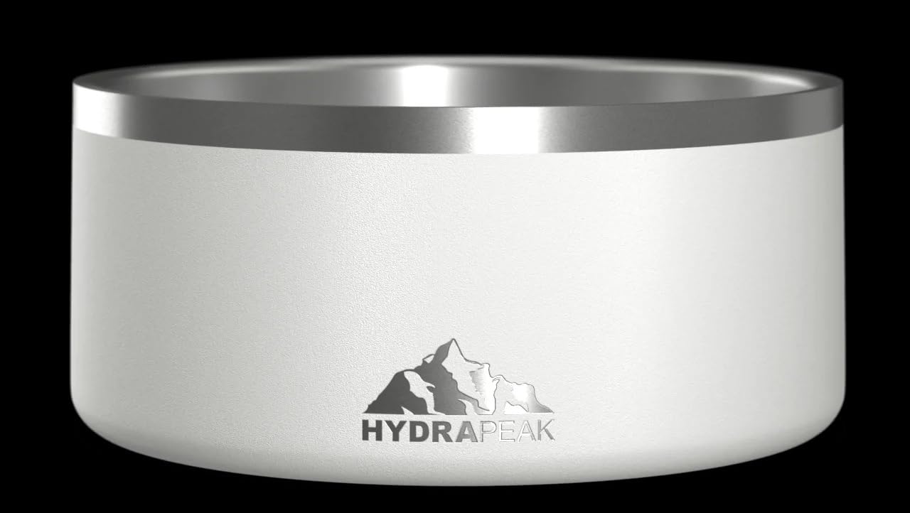 Hydrapeak White Dog Bowl 8 Cup - Non Slip Stainless Steel Pet Dish