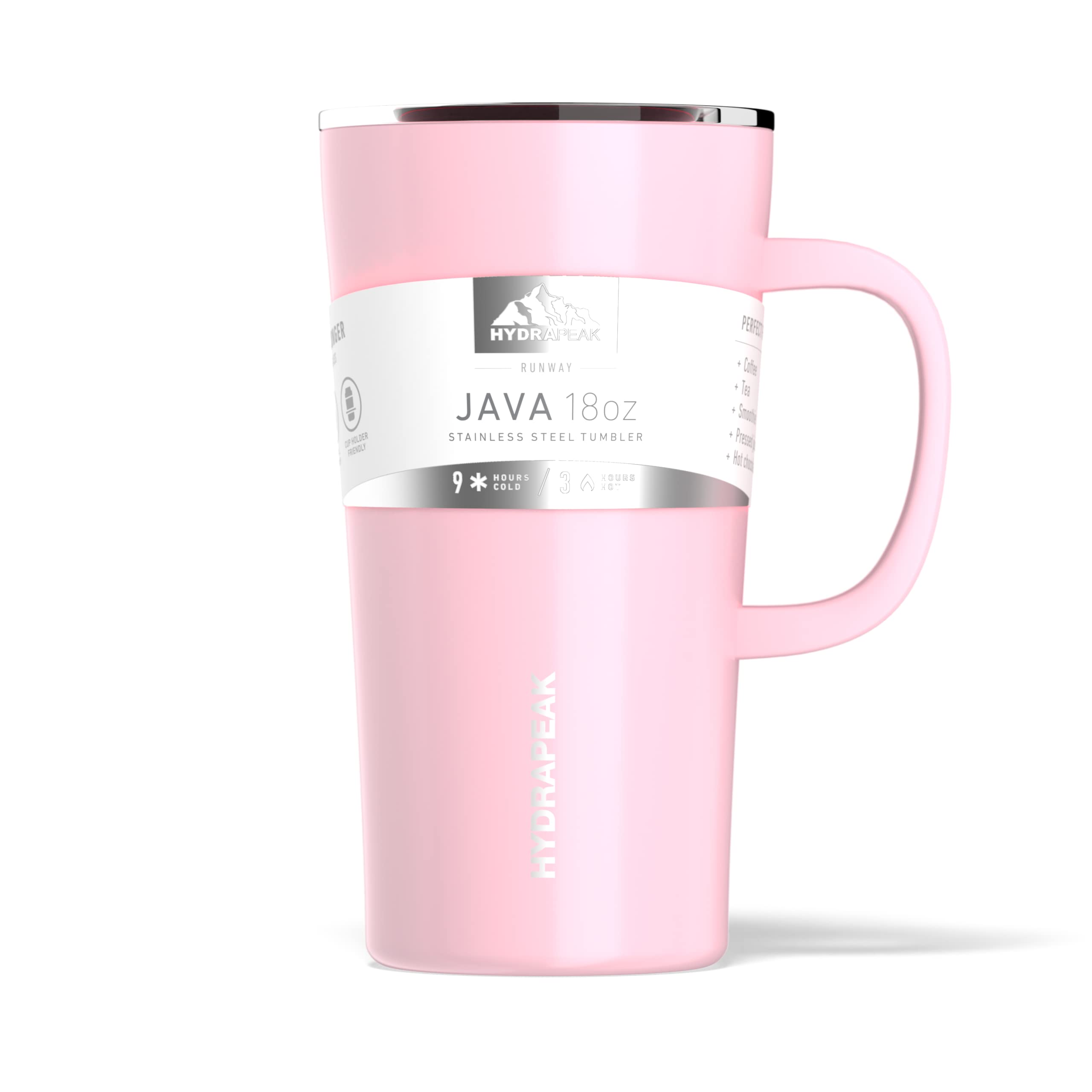 Hydrapeak JAVA 18oz Insulated Coffee Mug with Handle, Pink, Leak-Proof Lid