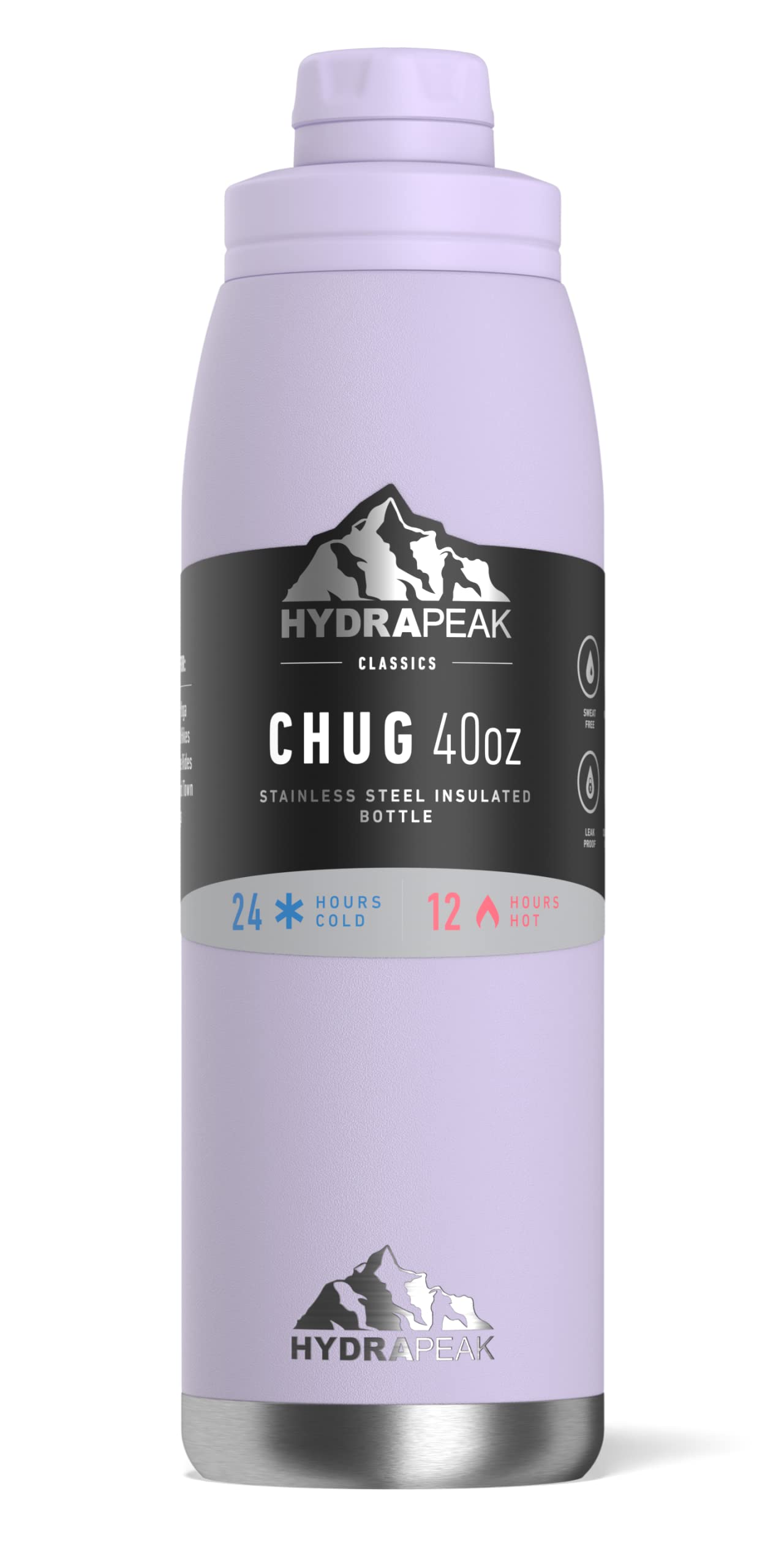 Hydrapeak 40 oz Insulated Water Bottle with Chug Lid - Leak Proof Double Walled Vacuum Stainless Steel, Cold 24