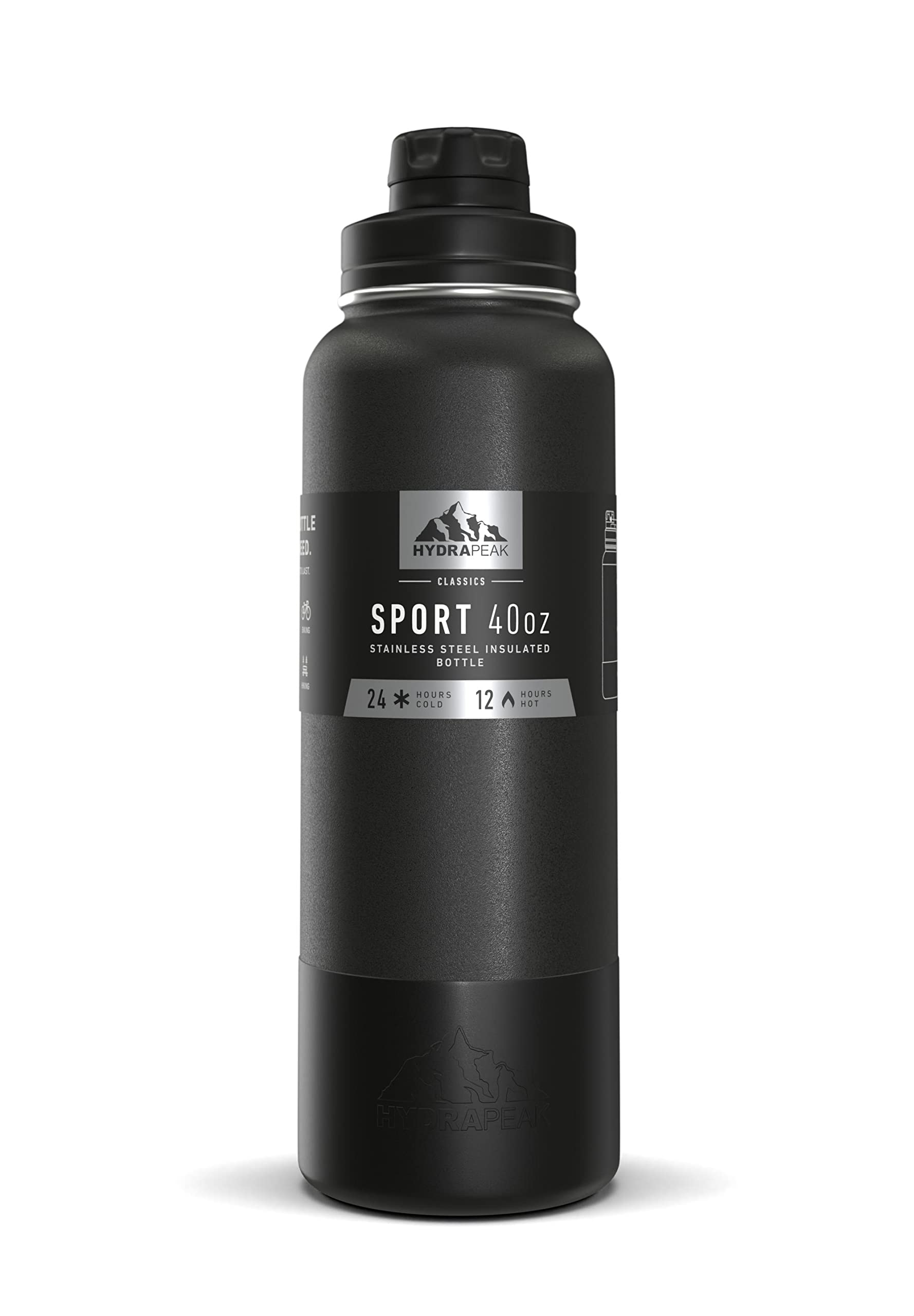Hydrapeak 40oz Sport Insulated Water Bottle with Chug Lid – Black, Leak-Proof Stainless Steel, Heavy-Duty