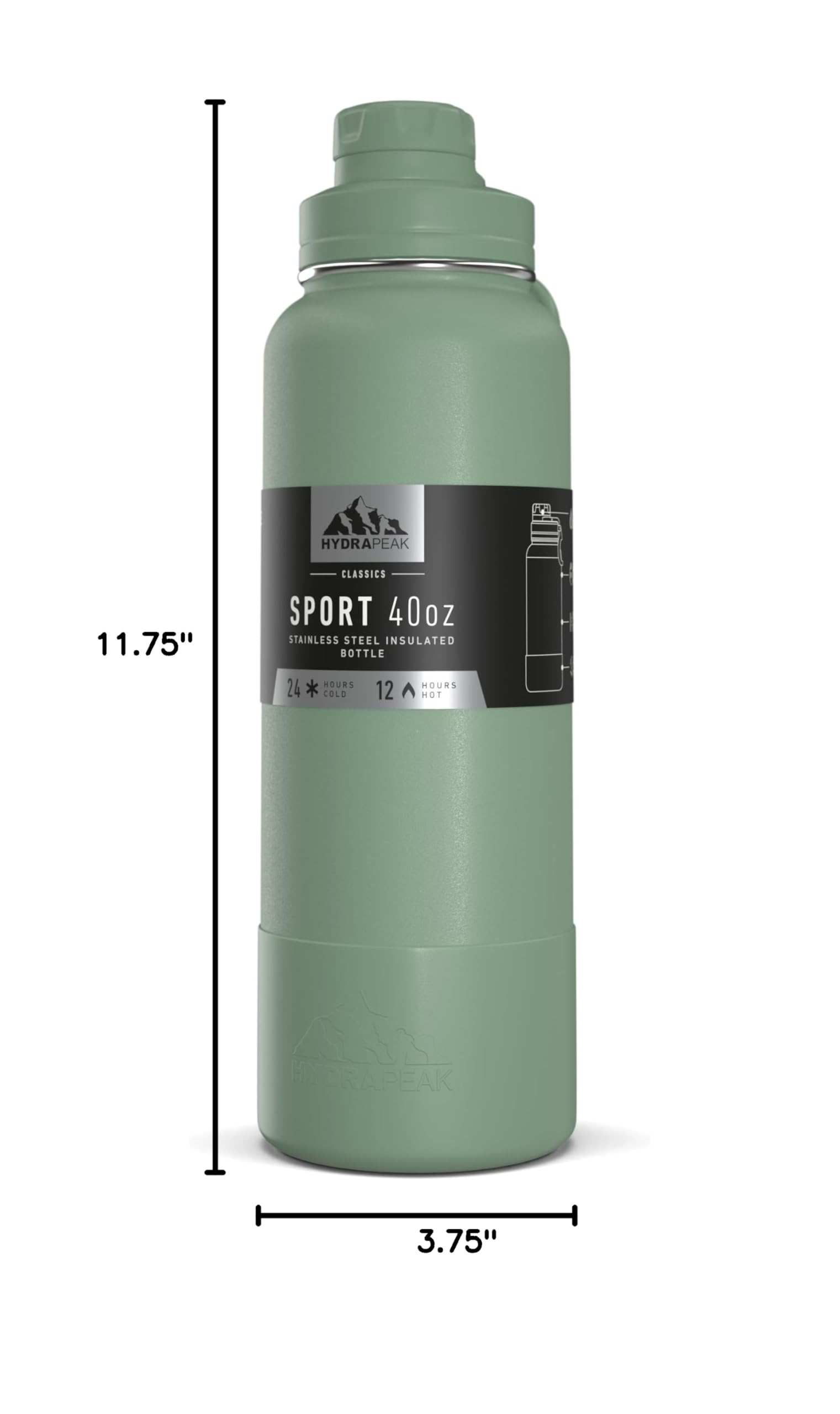 Hydrapeak 40oz Sport Insulated Water Bottle Sage - Double Wall Stainless Steel with Chug Lid