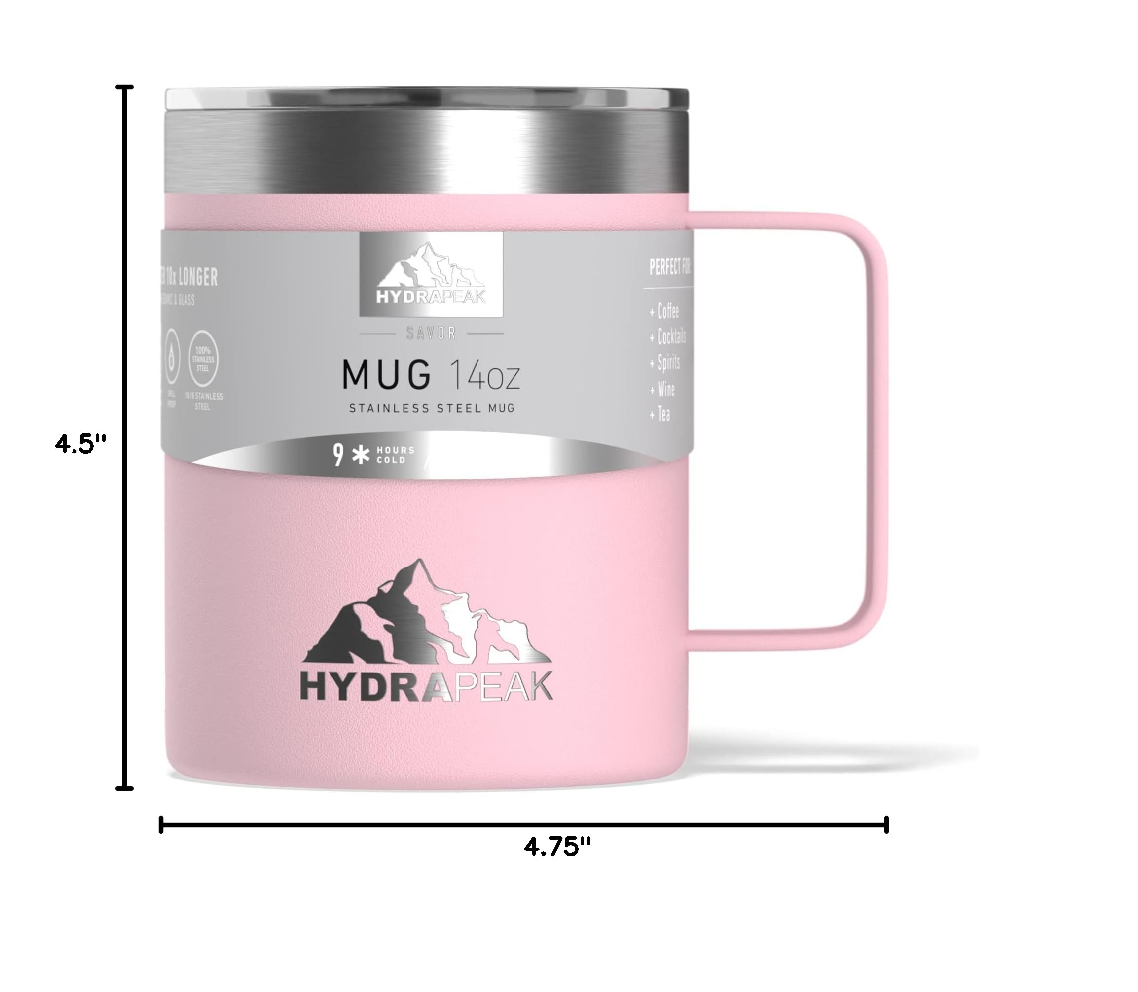 Hydrapeak 14oz Insulated Travel Mug Pink - Double Wall Stainless Steel with Splash-Proof Lid