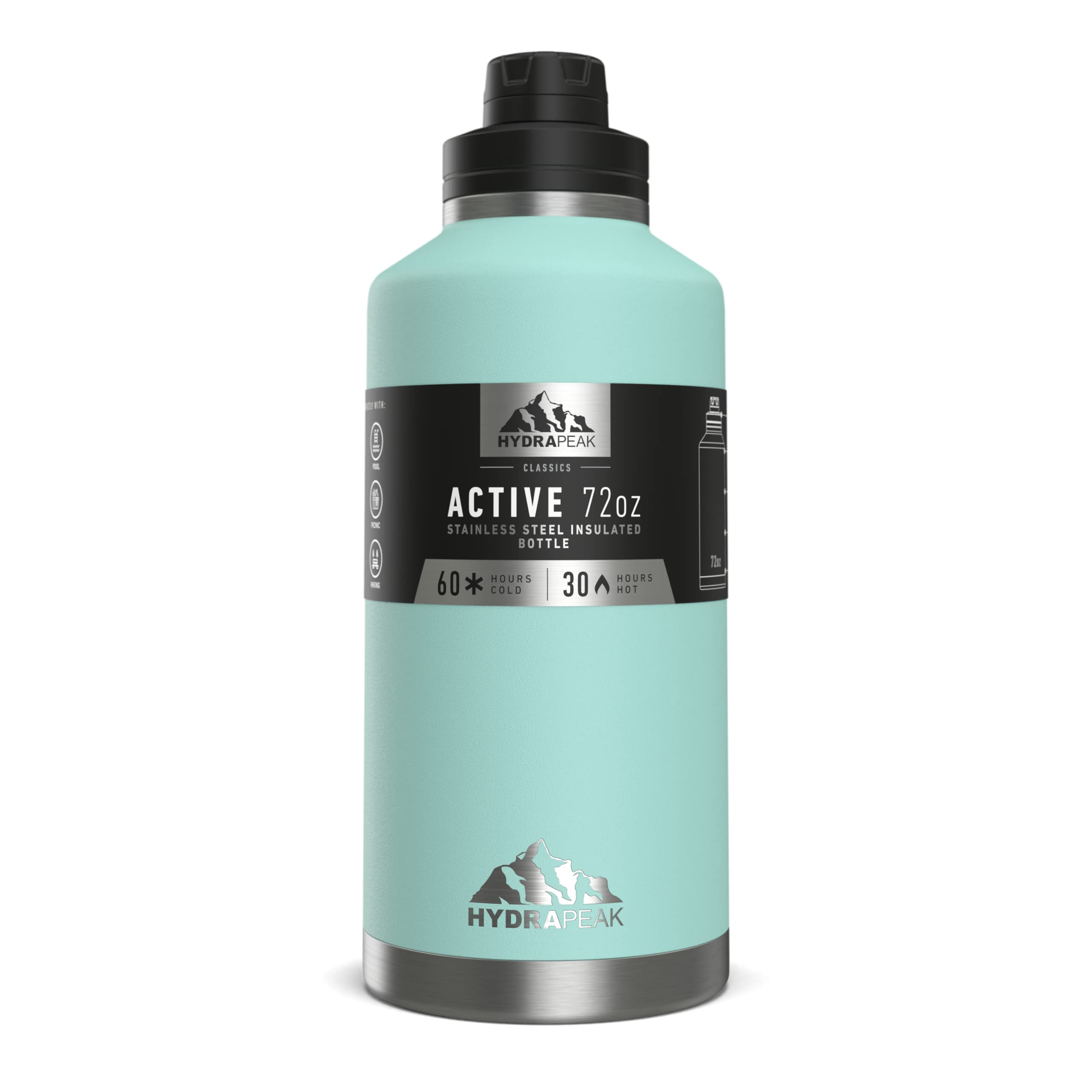 Hydrapeak 72 oz Insulated Water Bottle, Aqua Finish, Leak-Proof Half-Gallon Jug