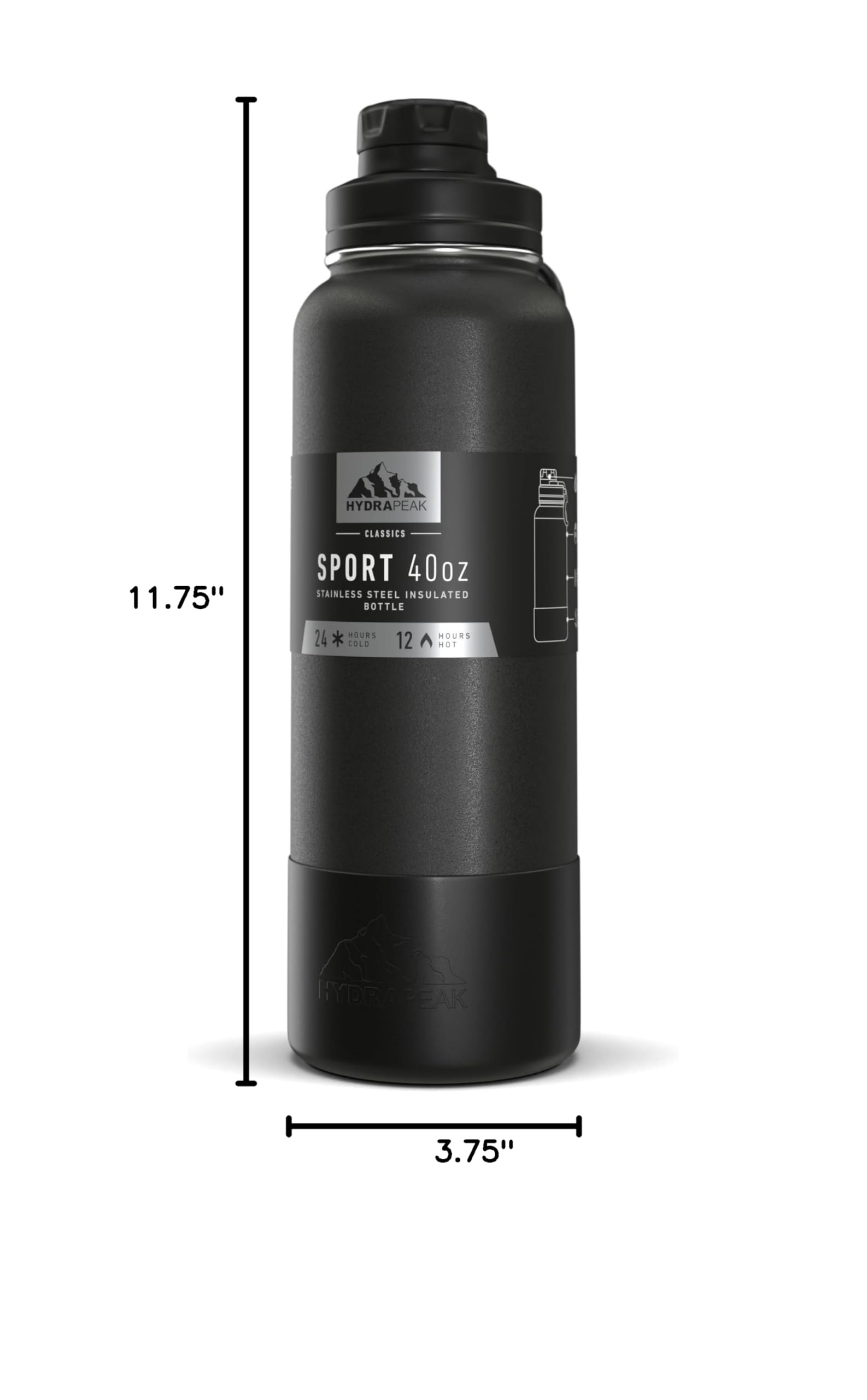 Hydrapeak 40oz Sport Insulated Water Bottle with Chug Lid – Black, Leak-Proof Stainless Steel, Heavy-Duty