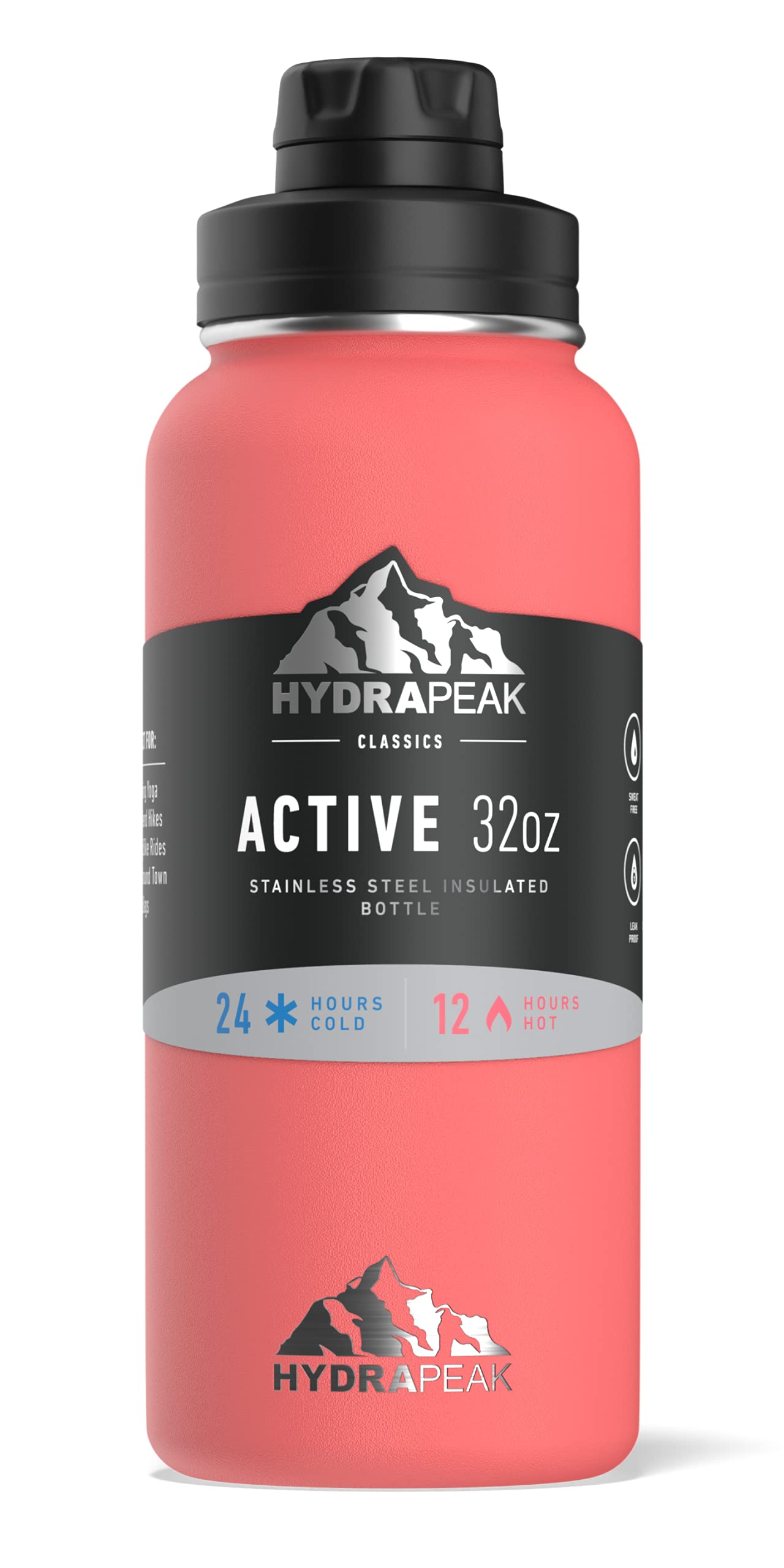 Hydrapeak 32oz Insulated Water Bottle with Chug Lid - Coral - Leak-Proof Stainless Steel Bottle with Handle