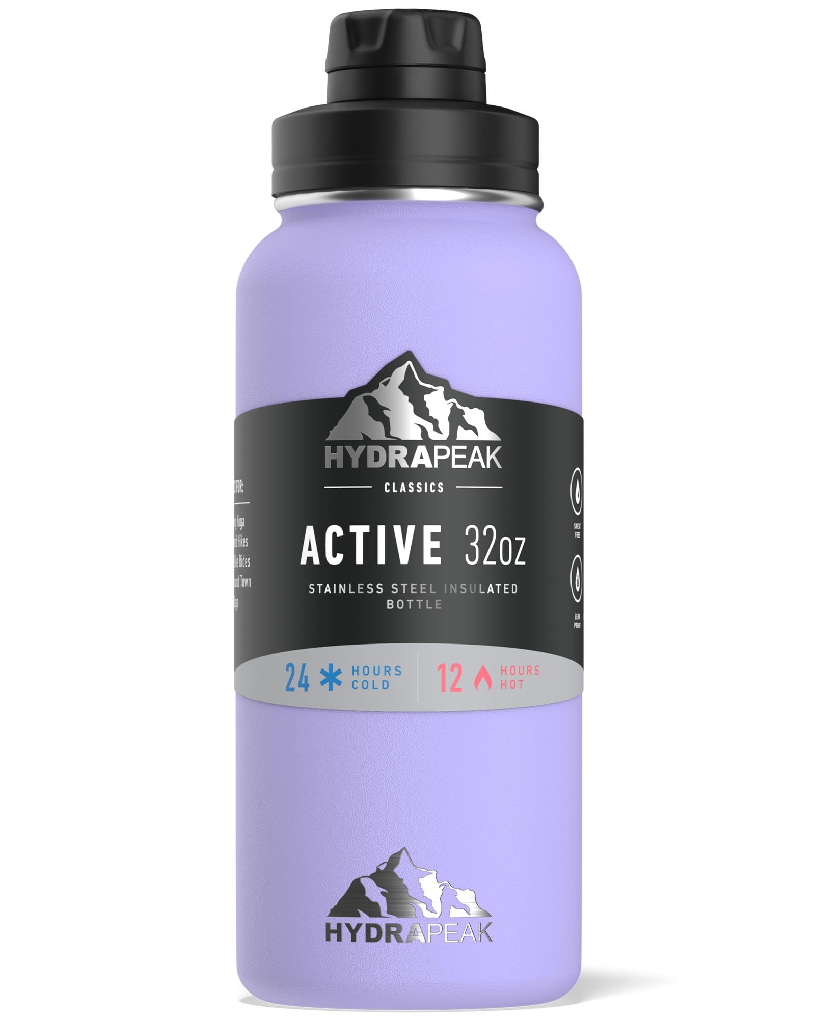 Hydrapeak Active 32oz Insulated Water Bottle - Lilac, Leak-Proof Stainless Steel with Chug Lid and Handle