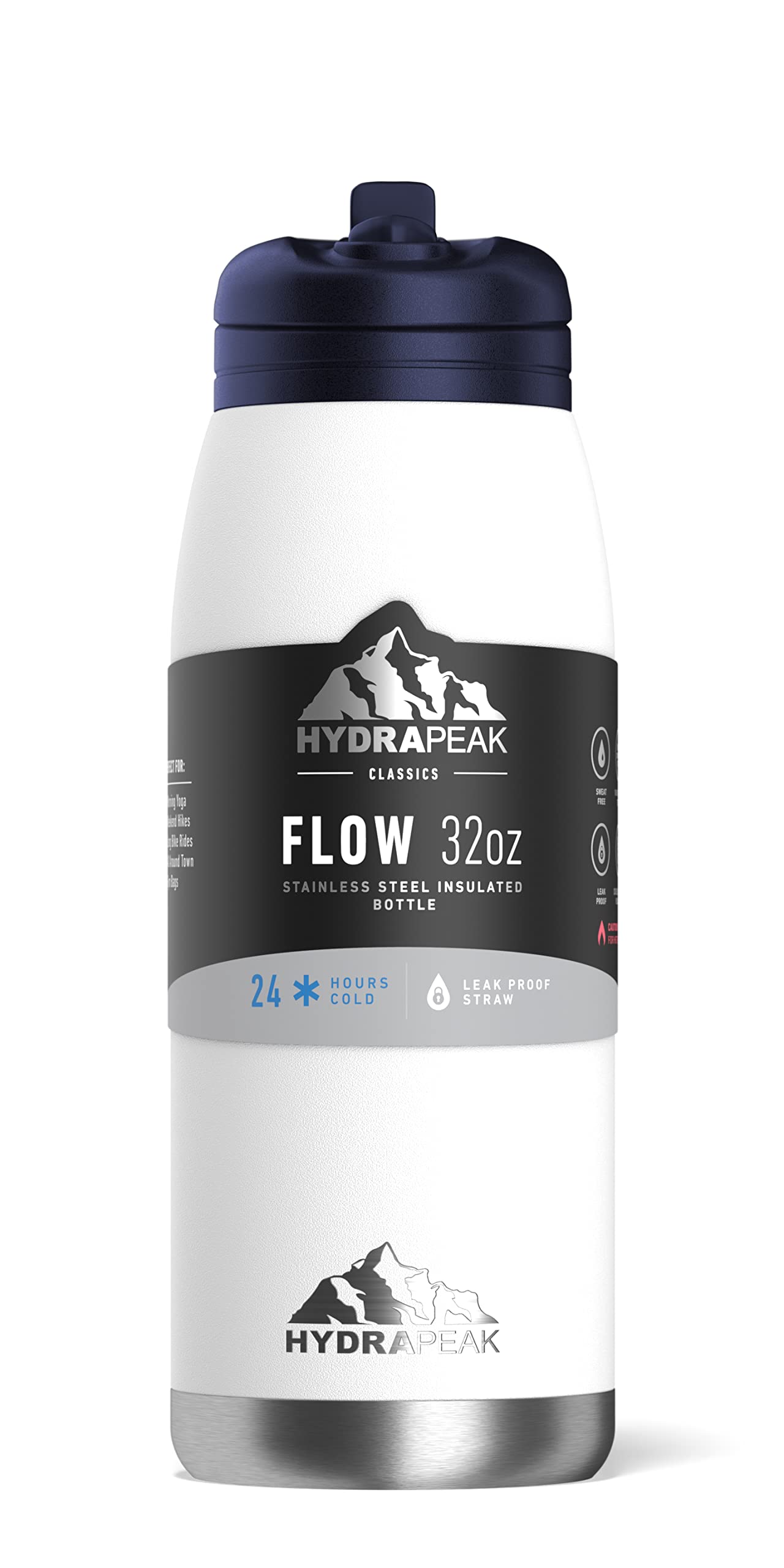 Hydrapeak Flow 32oz Insulated Water Bottle with Straw Lid – White, Stainless Steel, Leak-Proof