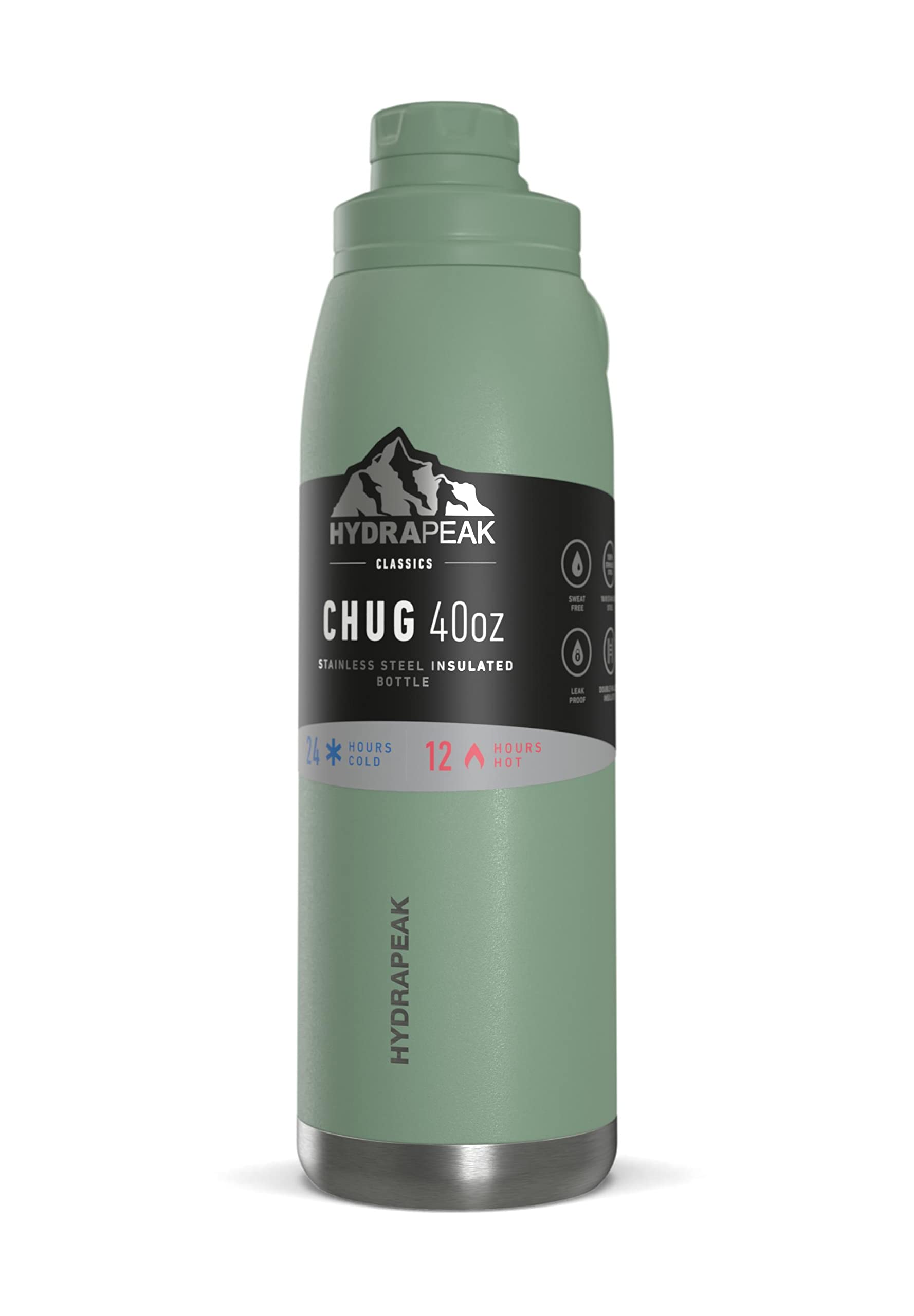 Hydrapeak 40 oz Insulated Water Bottle with Chug Lid - Sage - Leak Proof Double Walled Vacuum Insulated Stainless