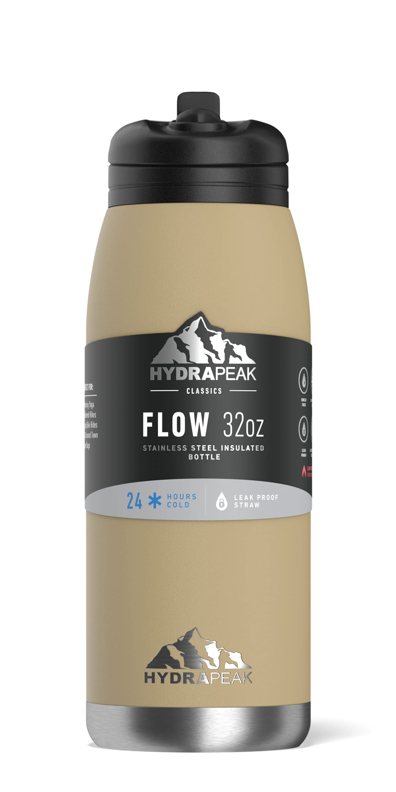 Hydrapeak Flow 32oz Insulated Water Bottle with Straw Lid - Sand, Copper-Coated Stainless Steel, Leak-Proof