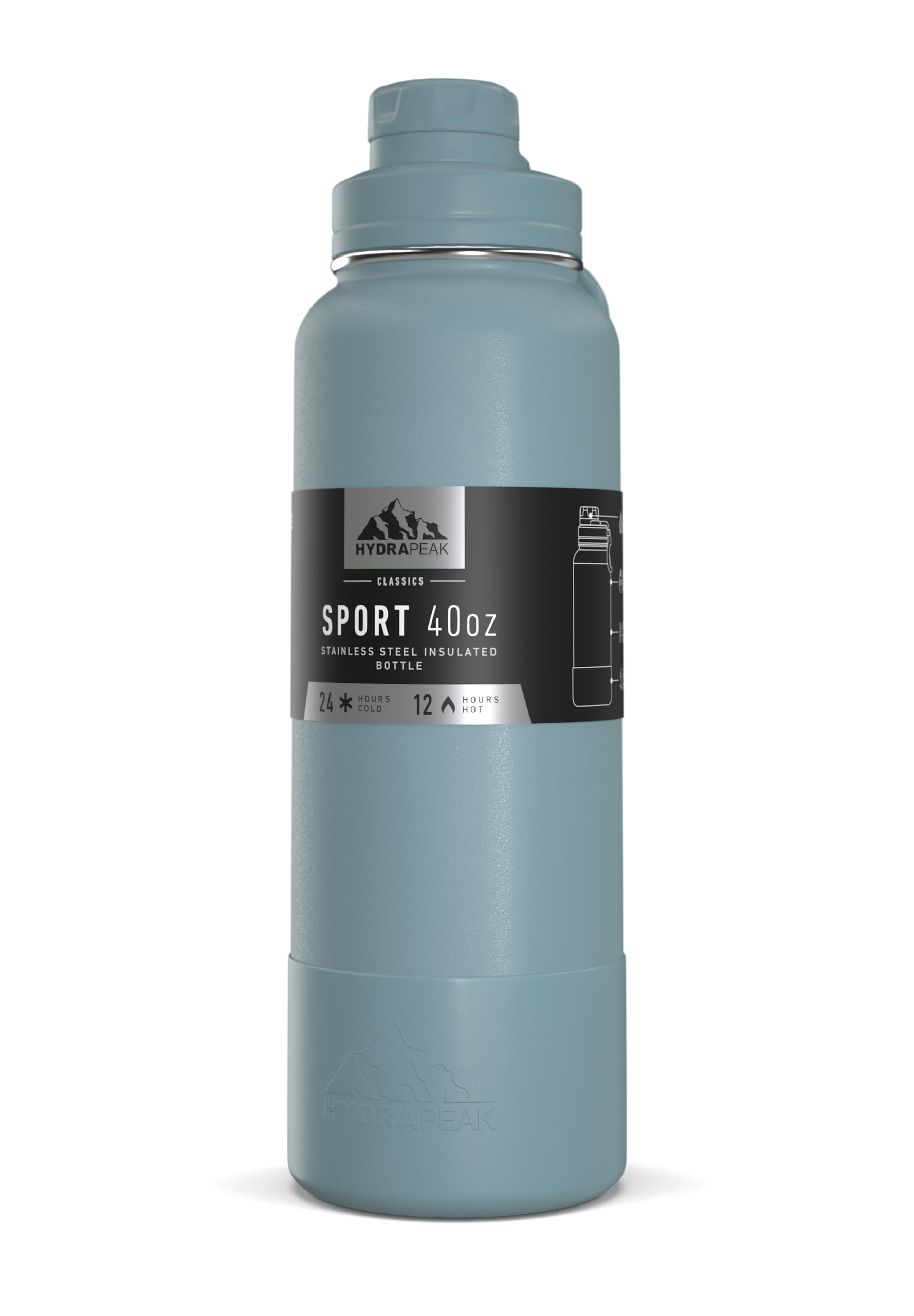 Hydrapeak 40oz Sport Insulated Water Bottle with Chug Lid, Premium Stainless Steel, Leak-Proof, Keeps Cold 24