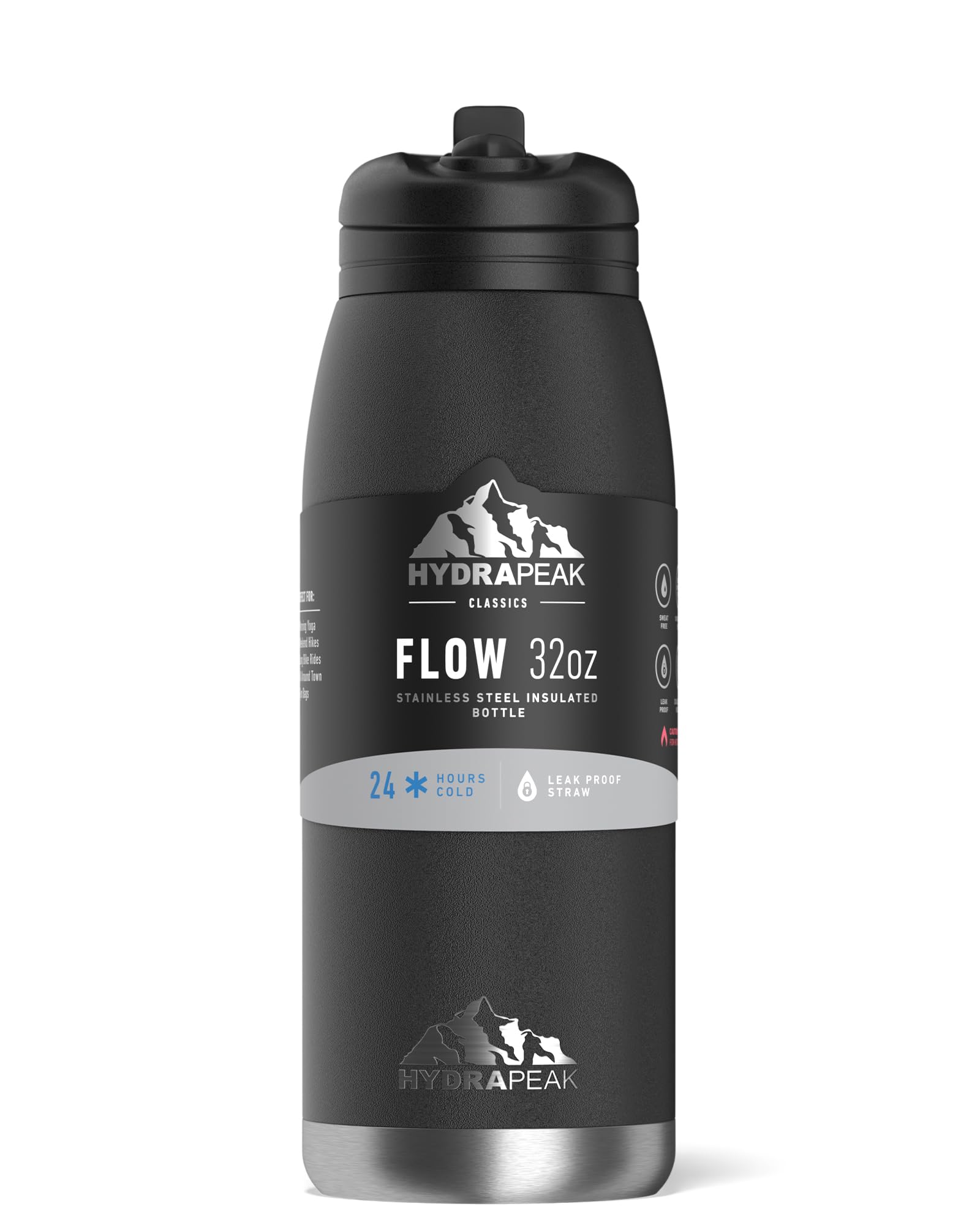 Hydrapeak Flow 32oz Insulated Water Bottle with Straw Lid - Black, BPA-Free, Leak-Proof