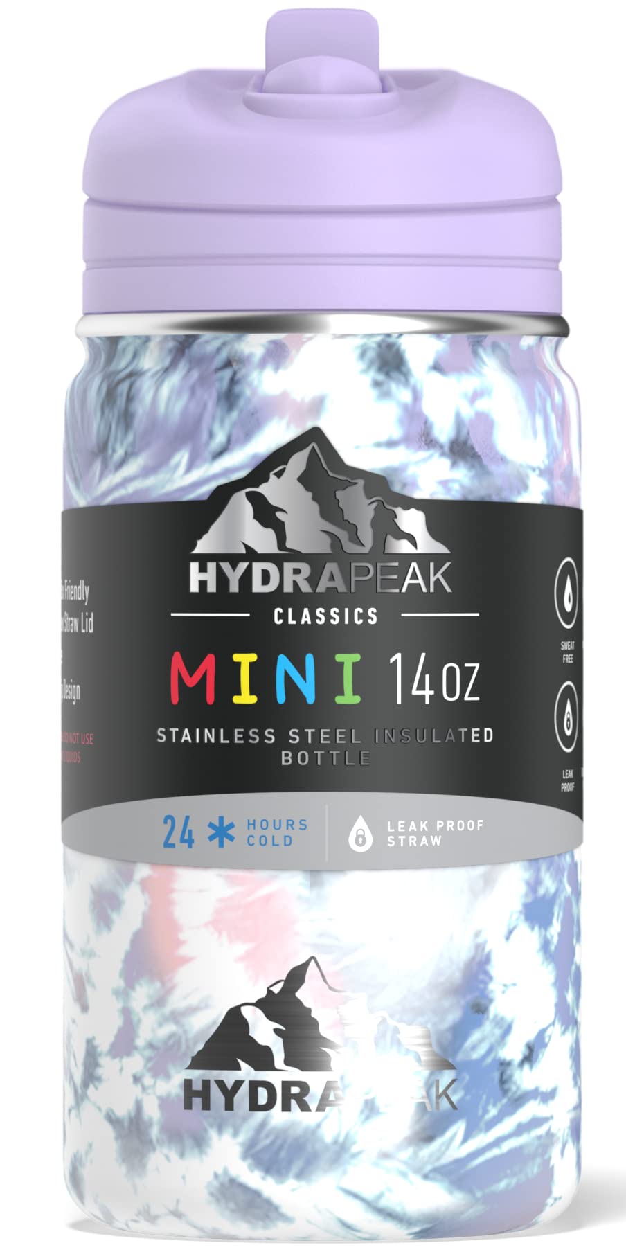 Hydrapeak Mini 14oz Kids Water Bottle Dark Tiedye - Stainless Steel Insulated with Straw Lid