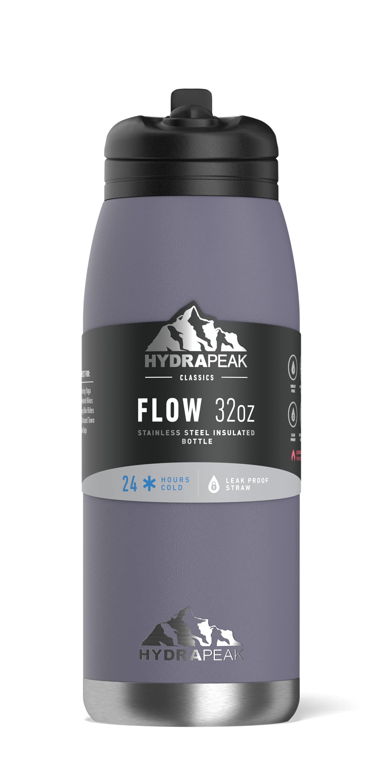 Hydrapeak Flow 32oz Insulated Water Bottle with Straw Lid - Plum, Stainless Steel, BPA-Free Leak-Proof