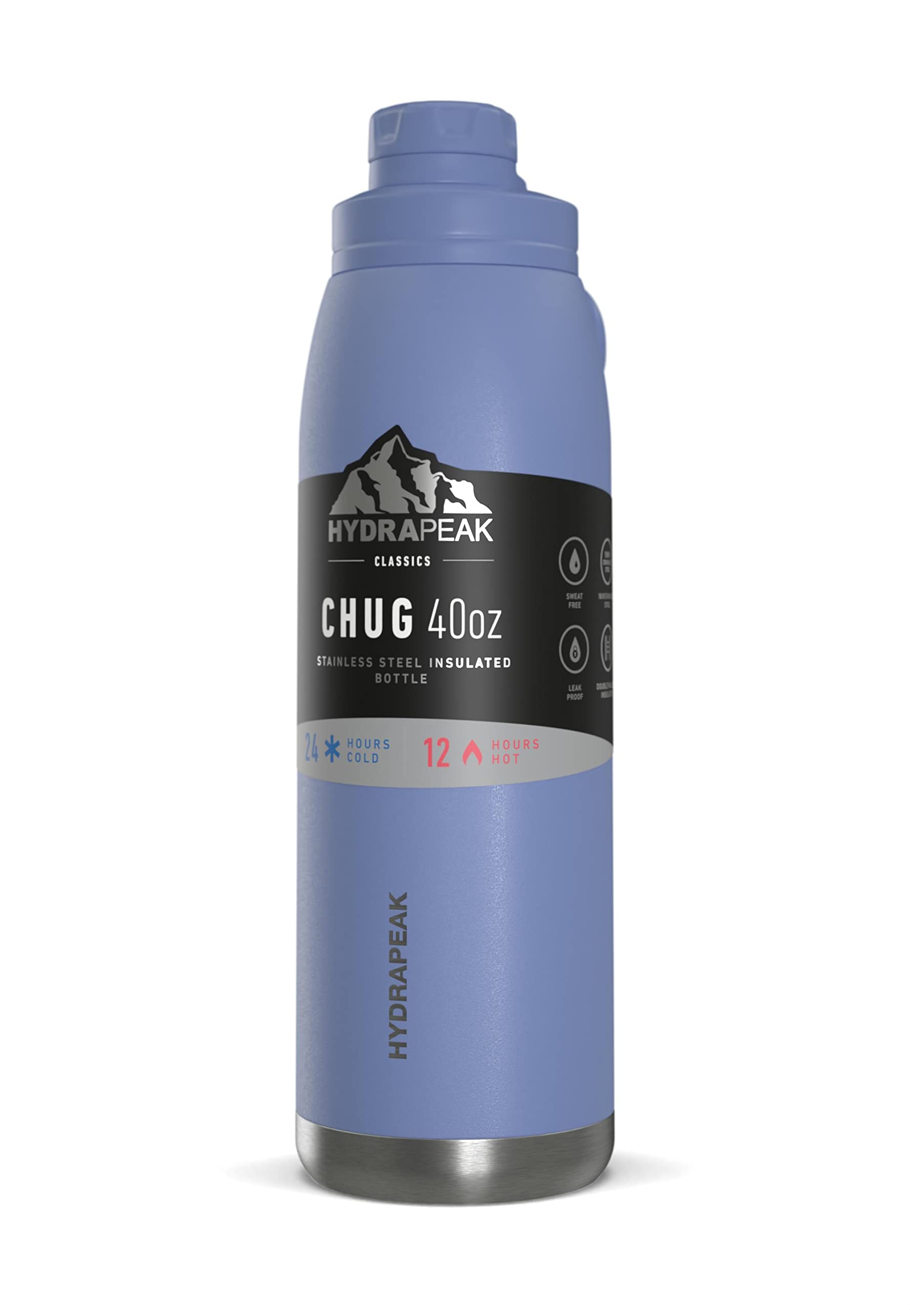 Hydrapeak 40 oz Insulated Water Bottle with Chug Lid - Iris - Leak Proof Double Walled Vacuum Insulated Stainless
