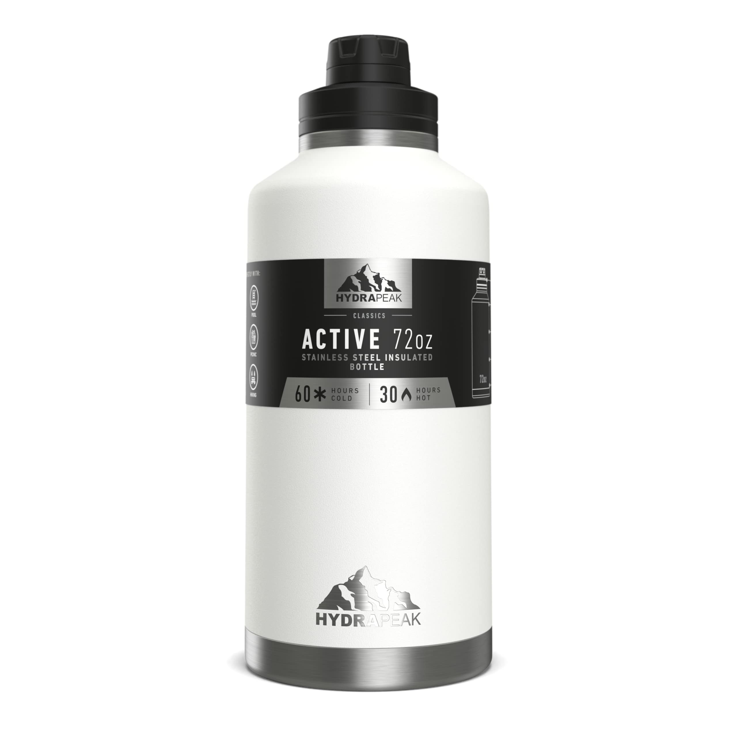 Hydrapeak 72 oz Insulated Water Bottle, White Finish, Leak-Proof Half-Gallon Jug