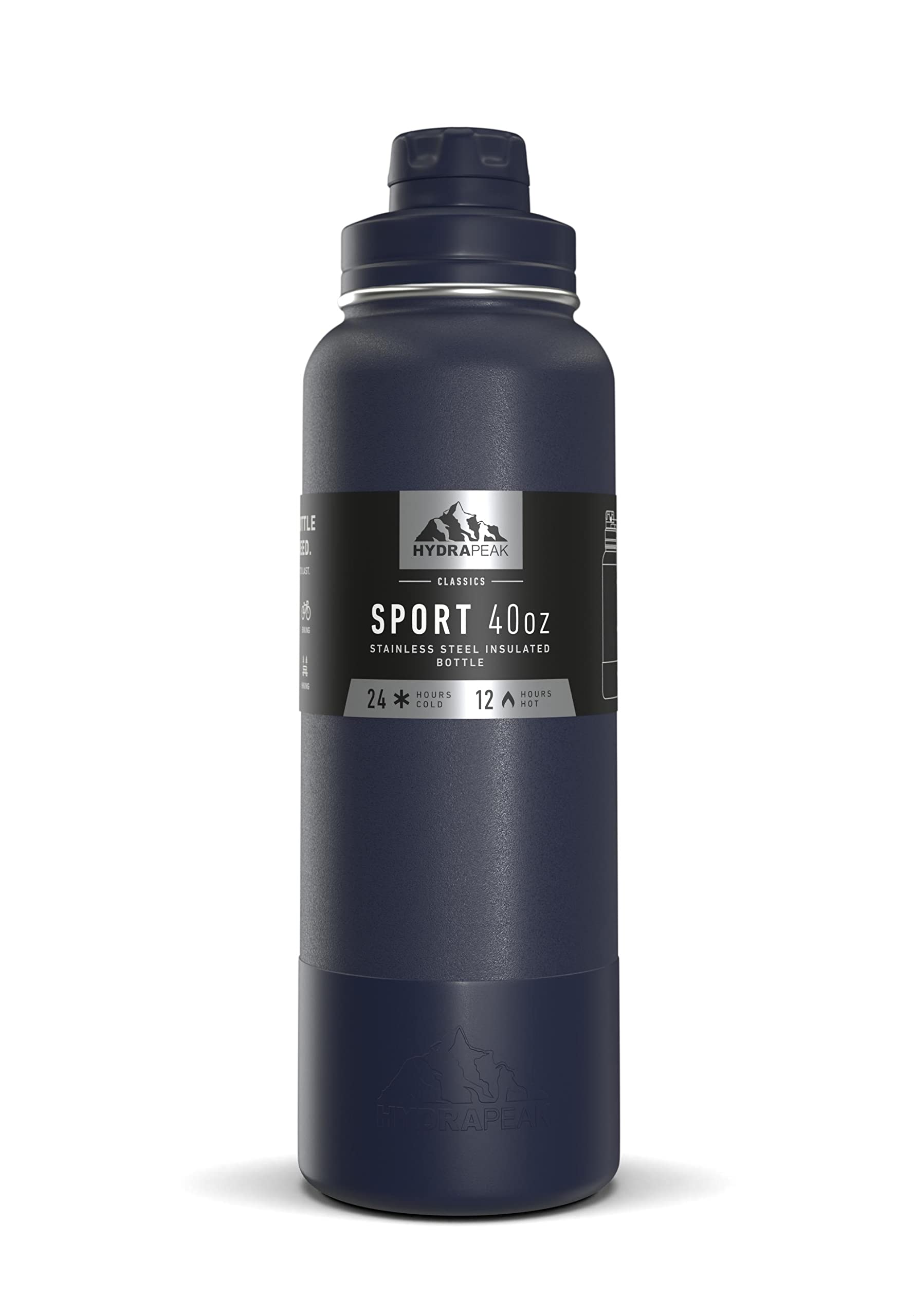 Hydrapeak 40oz Sport Insulated Water Bottle with Chug Lid, Navy, Double Wall Stainless Steel, Leak-Proof