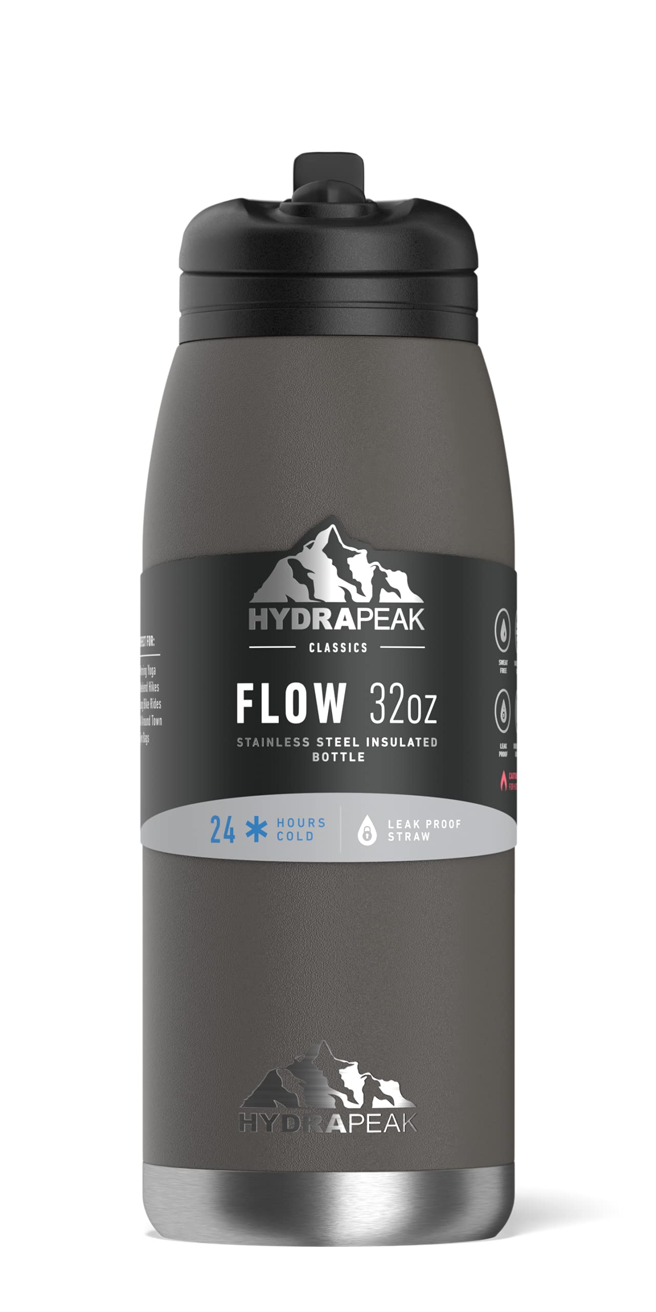 Hydrapeak Flow 32oz Insulated Water Bottle with Straw Lid – Graphite, BPA-Free, Leak-Proof