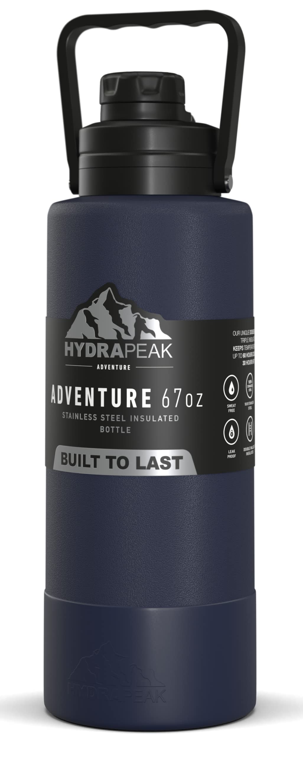 Hydrapeak Adventure 67oz Insulated Water Flask - Half Gallon Navy Stainless Steel Canteen with Rubber Boot