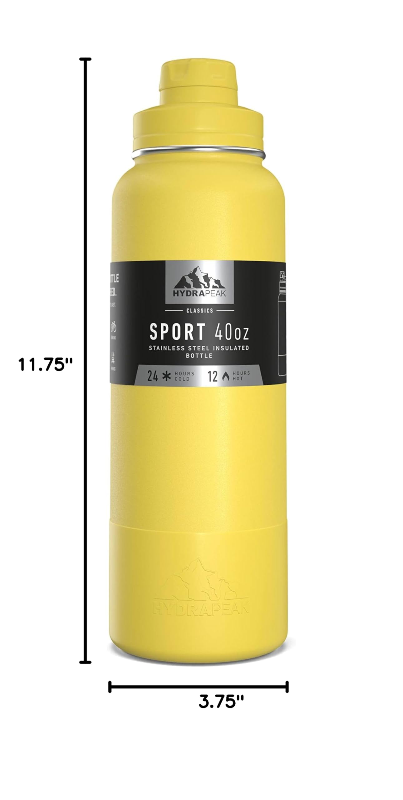Hydrapeak 40oz Sport Insulated Water Bottle with Chug Lid - Lemon - Keeps Drinks Cold 24 Hours