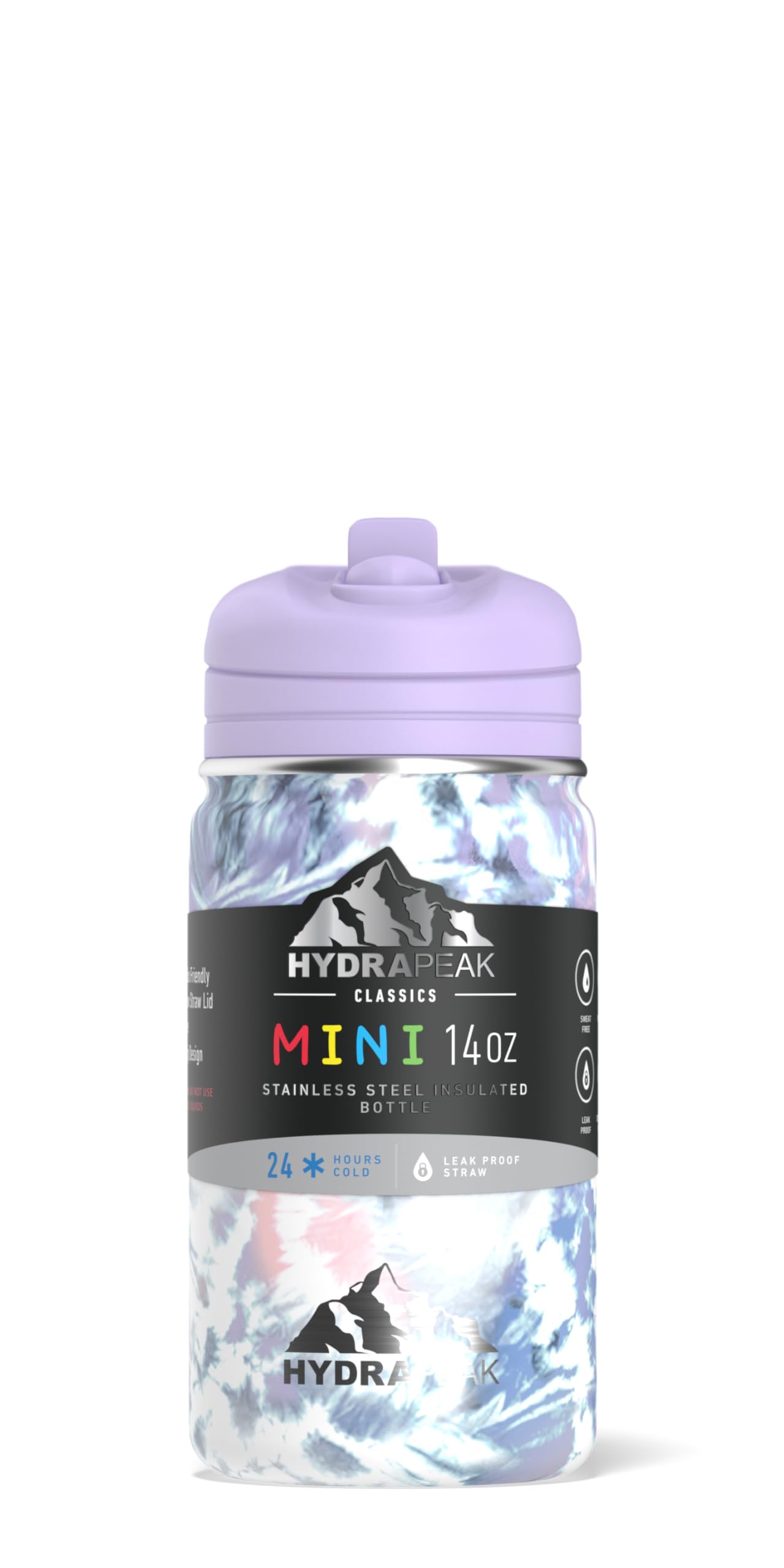 Hydrapeak Mini 14oz Kids Water Bottle Dark Tiedye - Stainless Steel Insulated with Straw Lid
