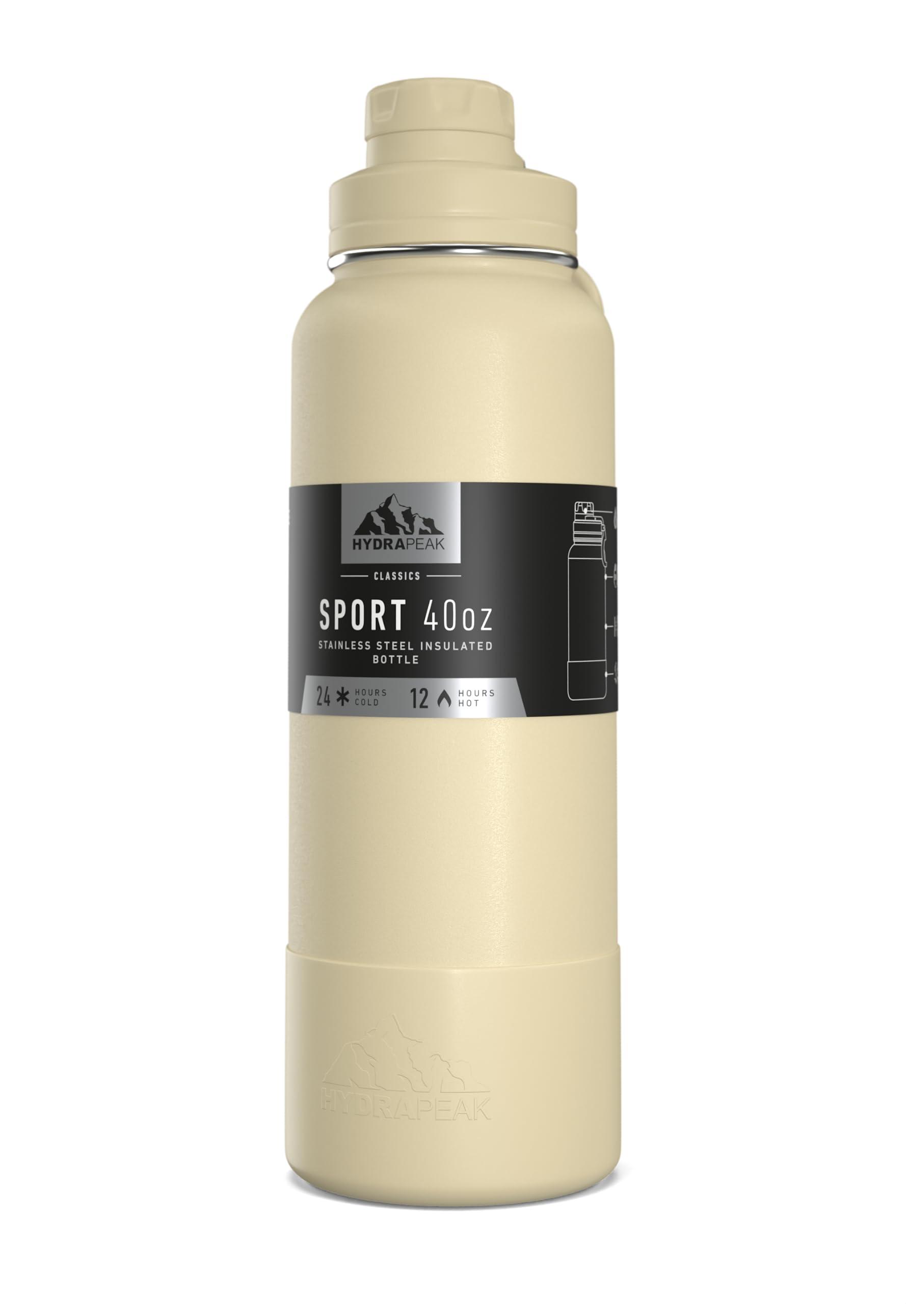 Hydrapeak 40oz Sport Insulated Water Bottle - Straw & Chug Lids, Modern Cream
