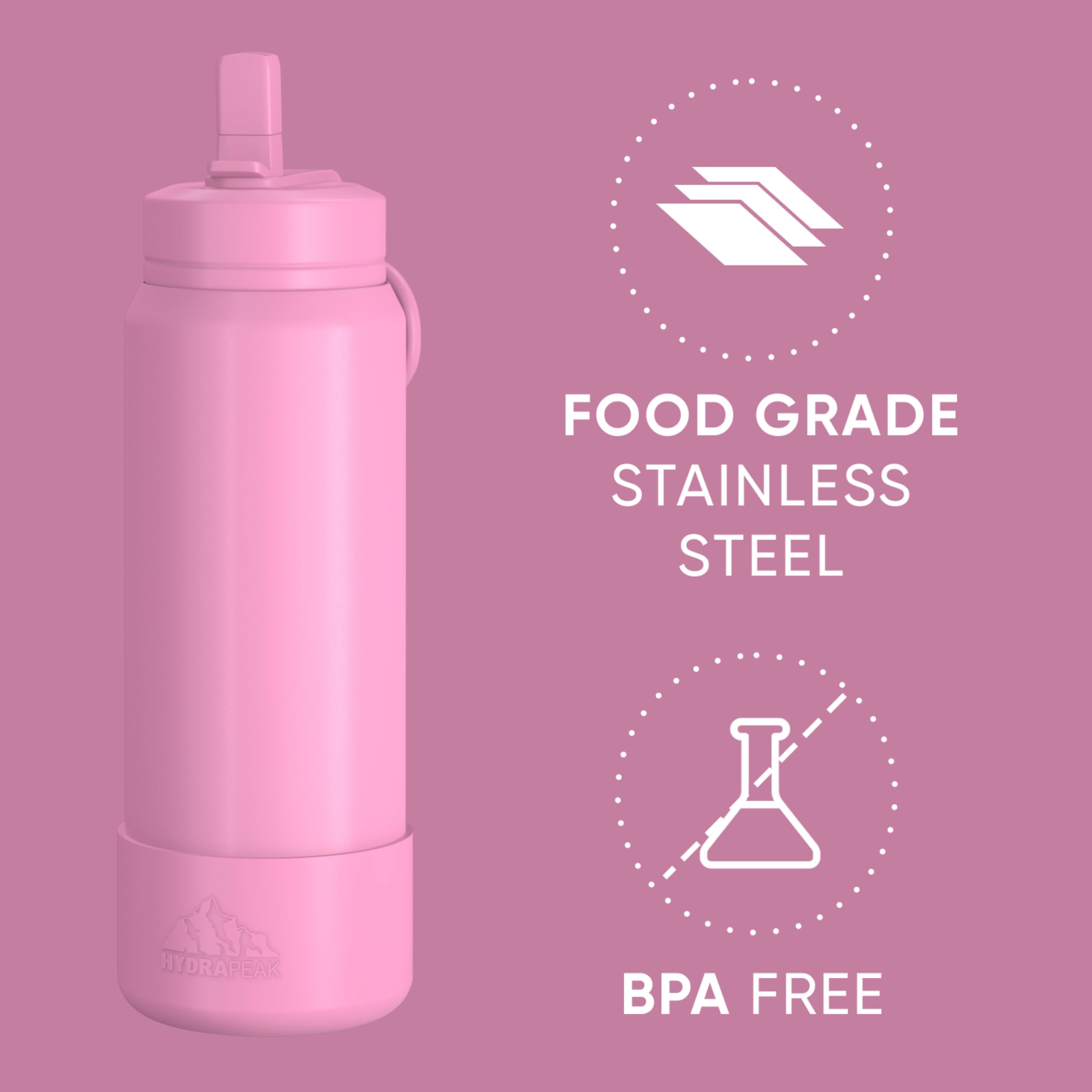 Hydrapeak 26oz Sport Insulated Water Bottle with Straw and Chug Lid - Bubblegum (Includes Both Lids)