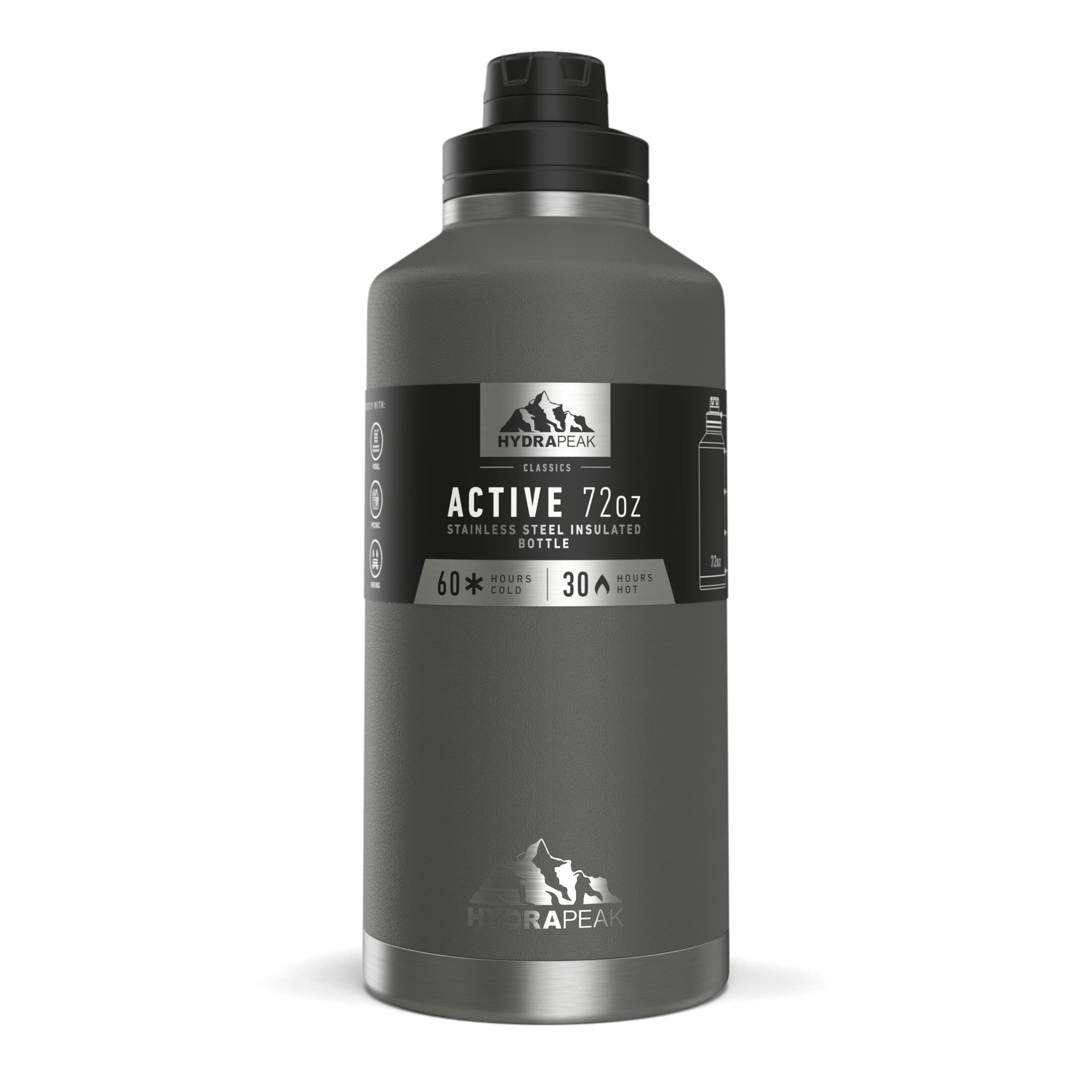 Hydrapeak 72 oz Insulated Water Jug - Graphite, Leak-Proof, Half Gallon
