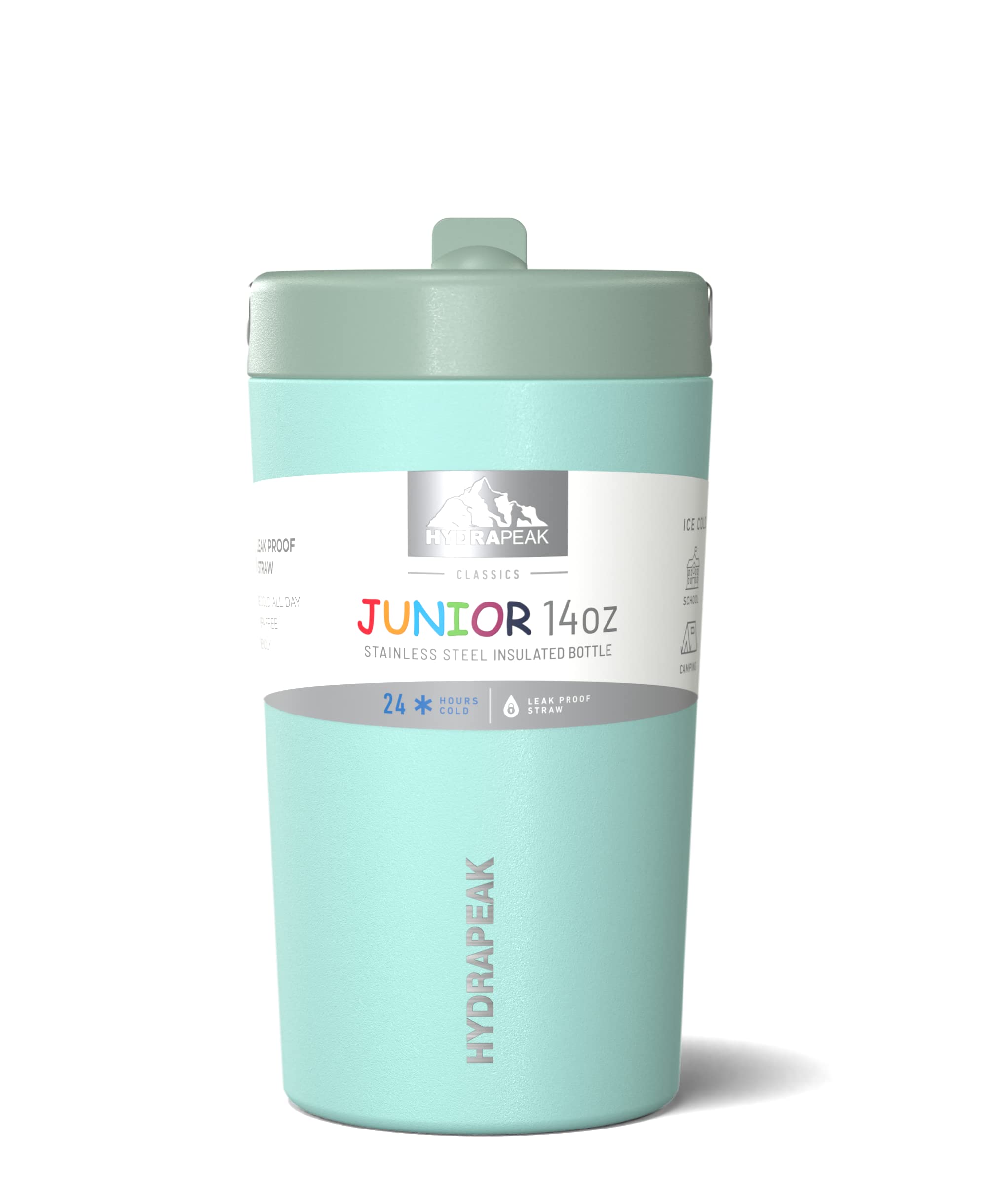 Hydrapeak Junior 14oz Insulated Kids Water Bottle - Aqua/Teal, Leak-Proof Straw Lid
