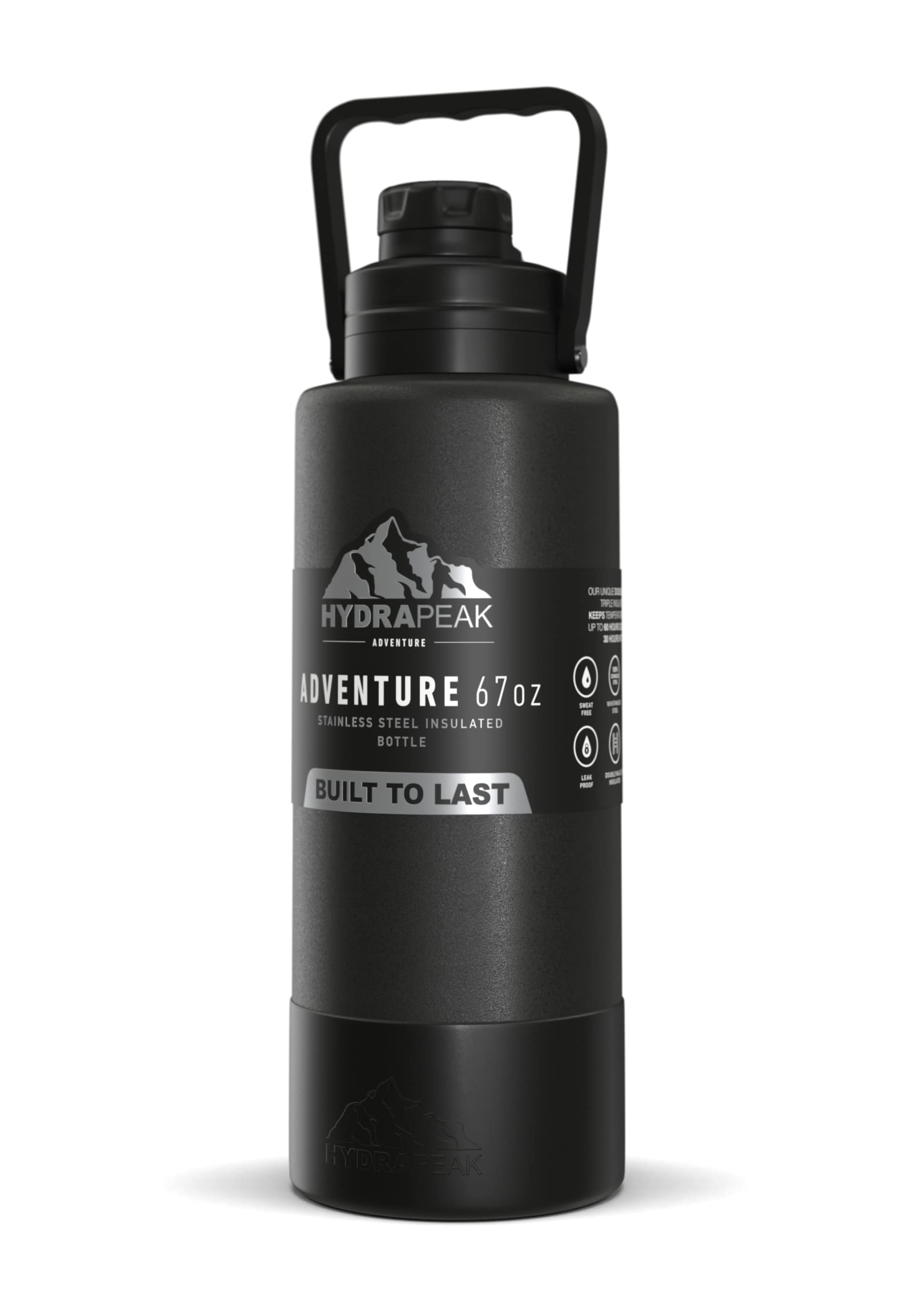 Hydrapeak Adventure 67oz Insulated Water Bottle - Black Half Gallon Canteen