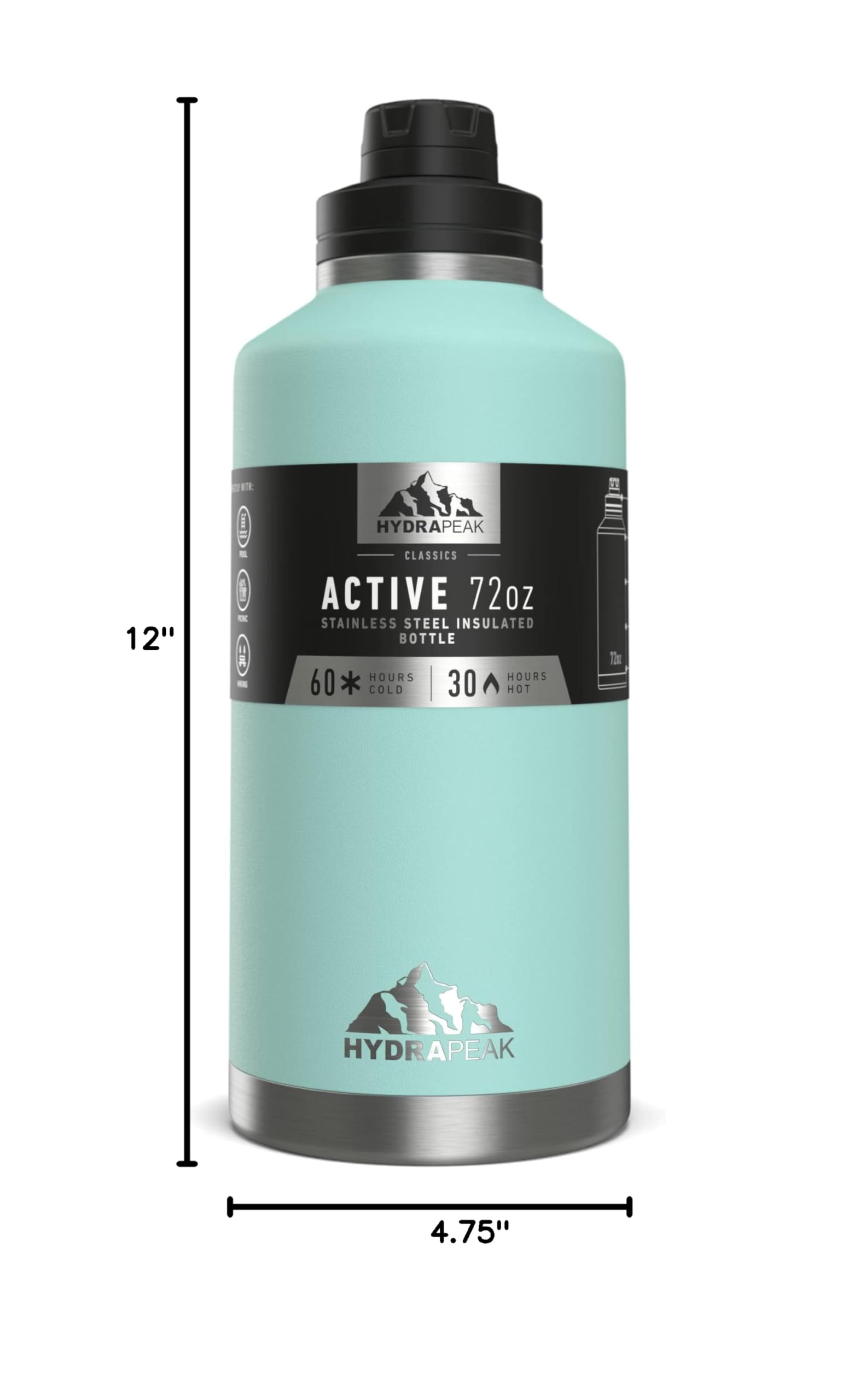 Hydrapeak 72 oz Insulated Water Bottle, Aqua Finish, Leak-Proof Half-Gallon Jug