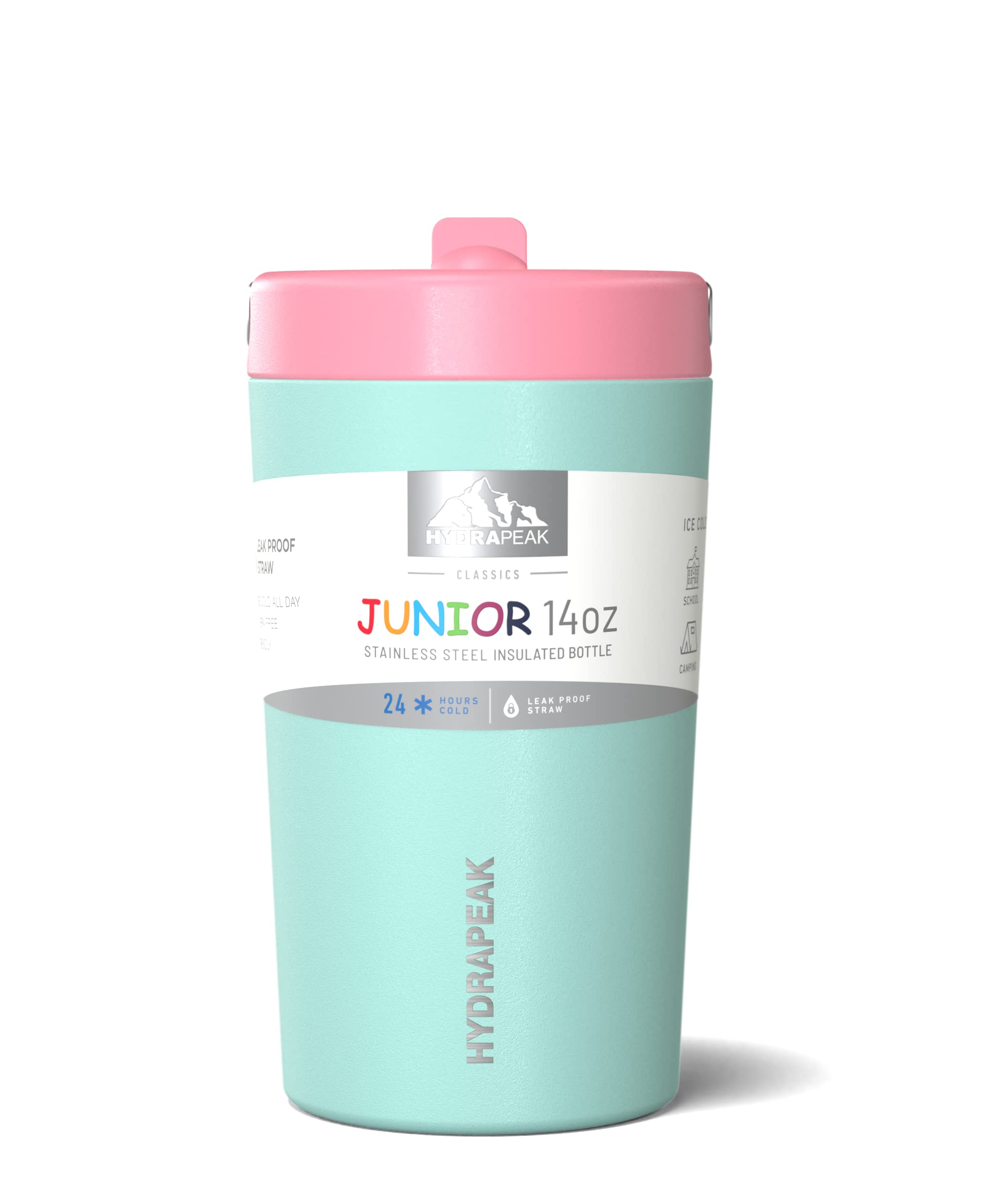 Hydrapeak Junior 14oz Insulated Kids Water Bottle - Aqua/Bubblegum Straw Lid