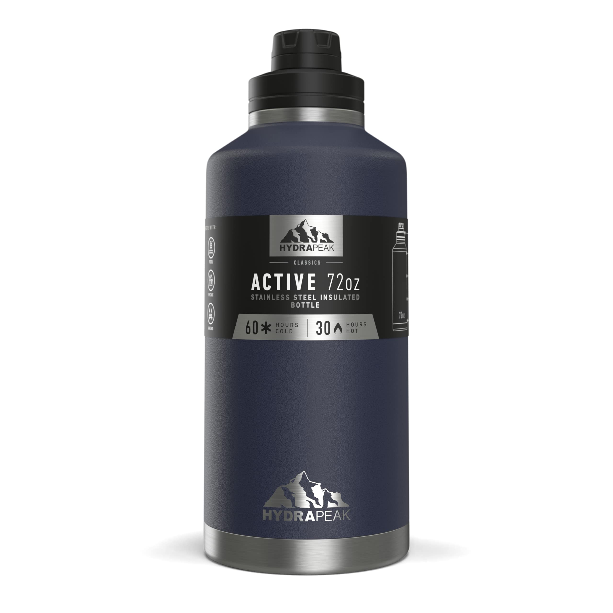 Hydrapeak 72 oz Insulated Water Bottle, Navy Finish, Leak-Proof Half-Gallon Jug