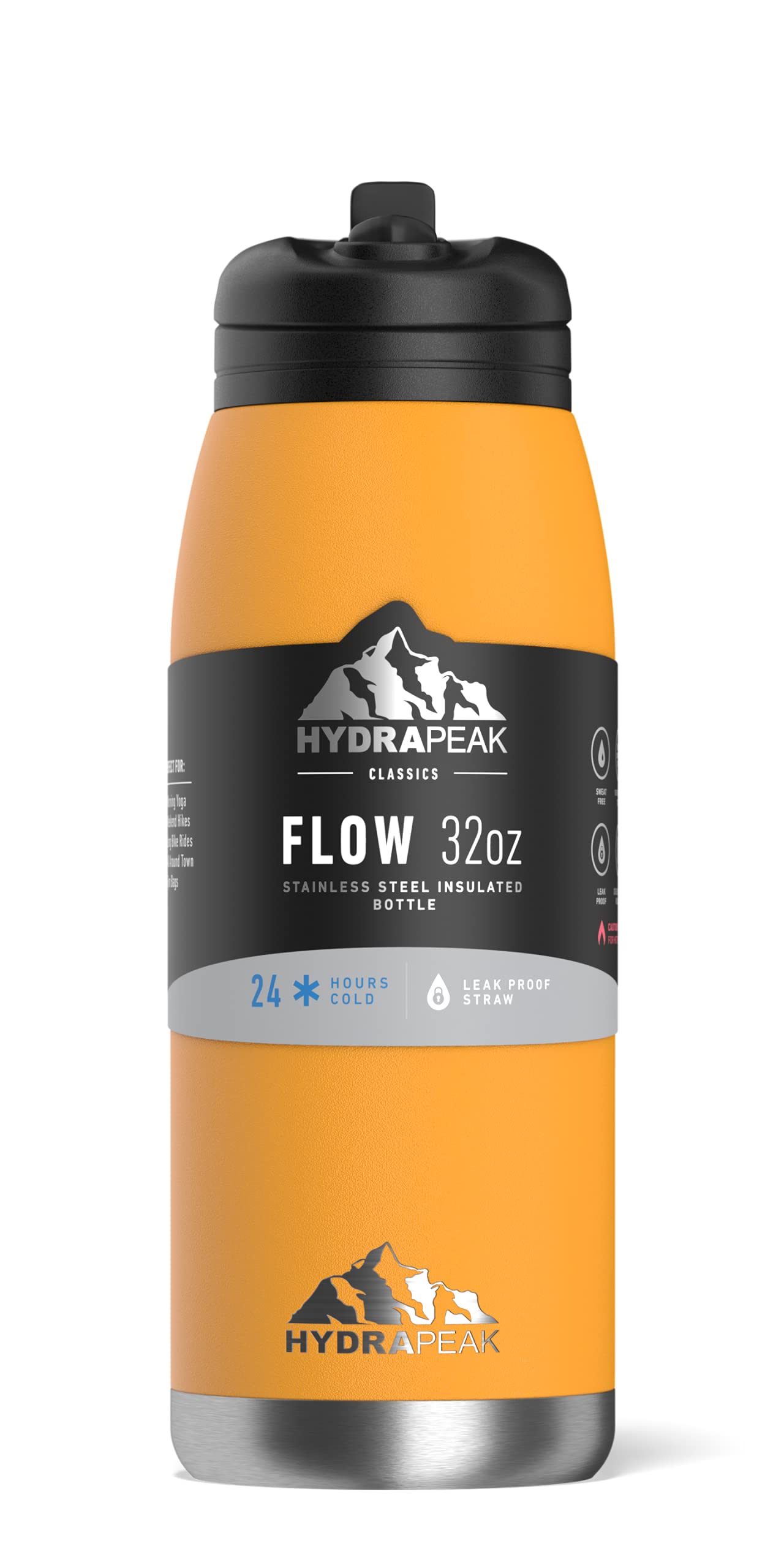 Hydrapeak Flow 32oz Insulated Water Bottle with Straw Lid - Mango, Stainless Steel, BPA-Free Leak-Proof Waterbottle