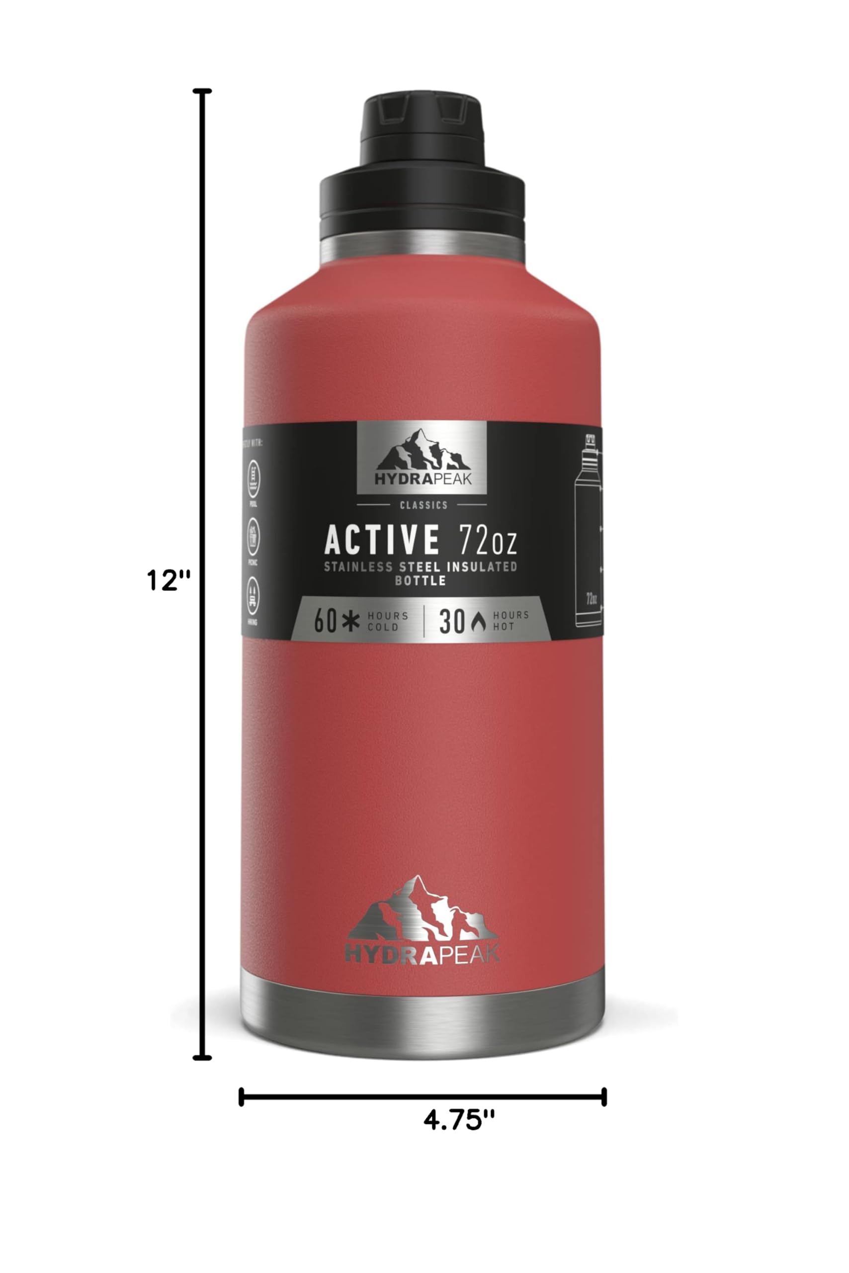 Hydrapeak 72 oz Insulated Water Bottle - Half Gallon Jug, Faded Red
