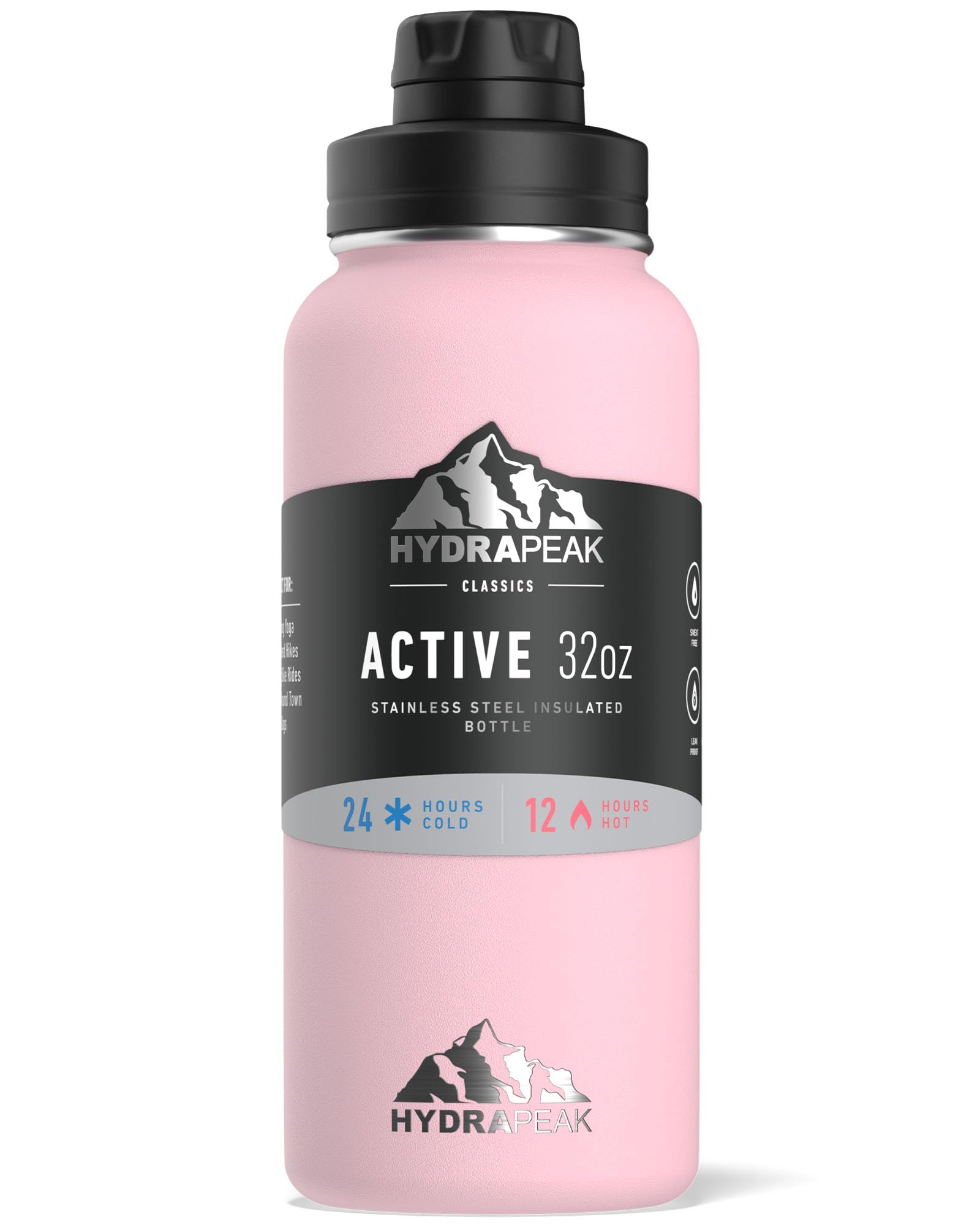 Hydrapeak 32oz Insulated Water Bottle with Chug Lid - Pink, Leak-Proof Stainless Steel with Handle