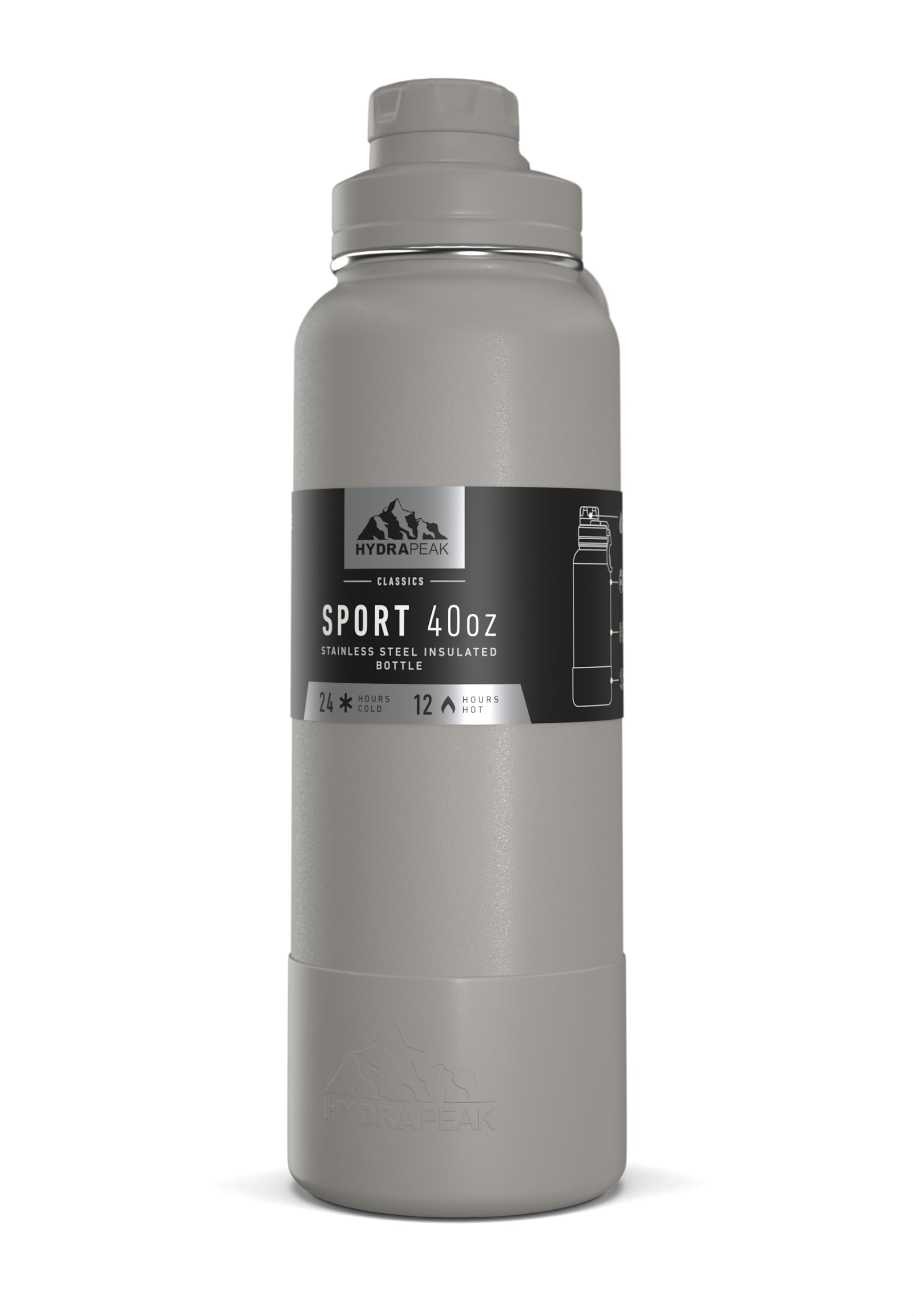 Hydrapeak Sport 40oz Insulated Water Bottle with Chug Lid – Grey