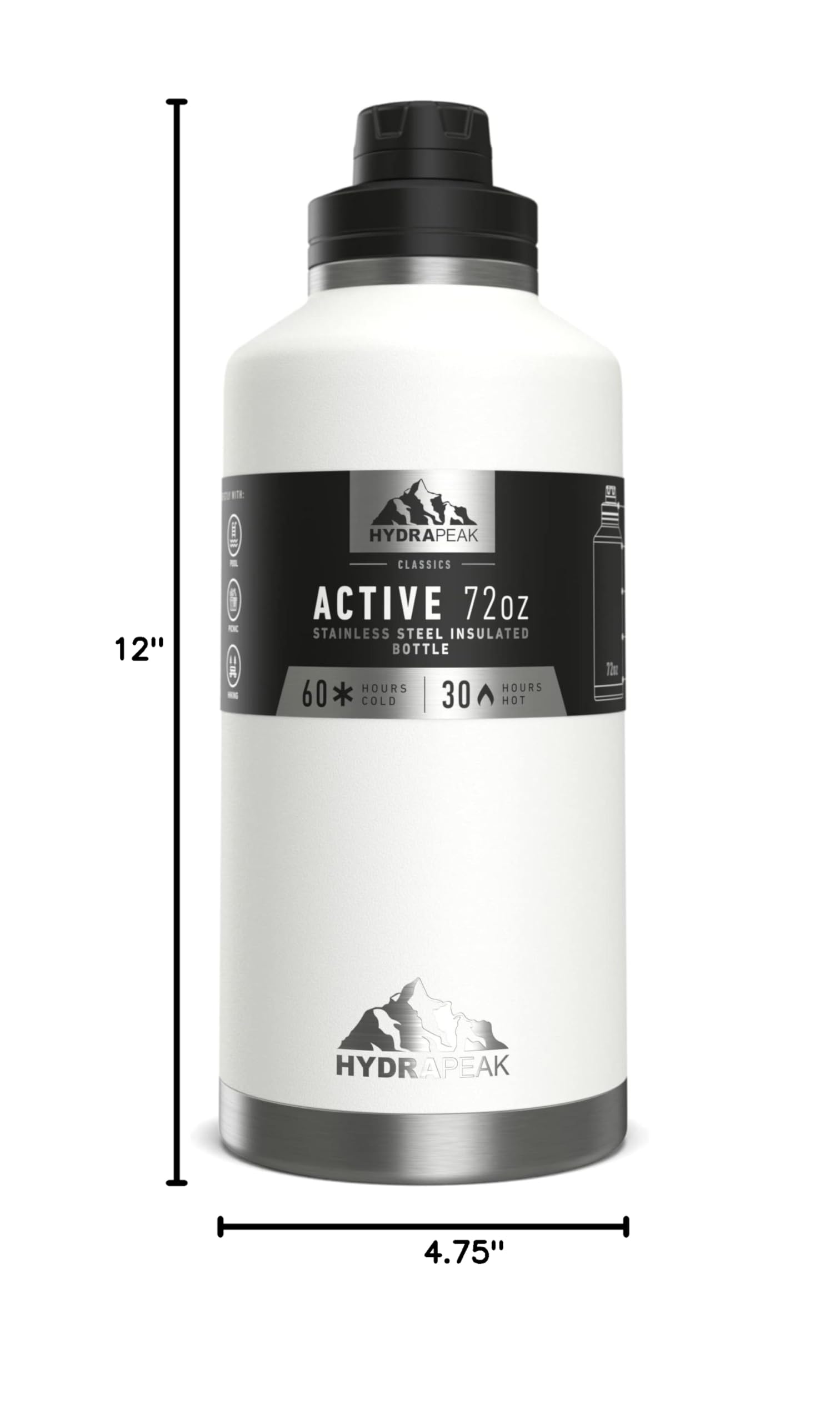 Hydrapeak 72 oz Insulated Water Bottle, White Finish, Leak-Proof Half-Gallon Jug