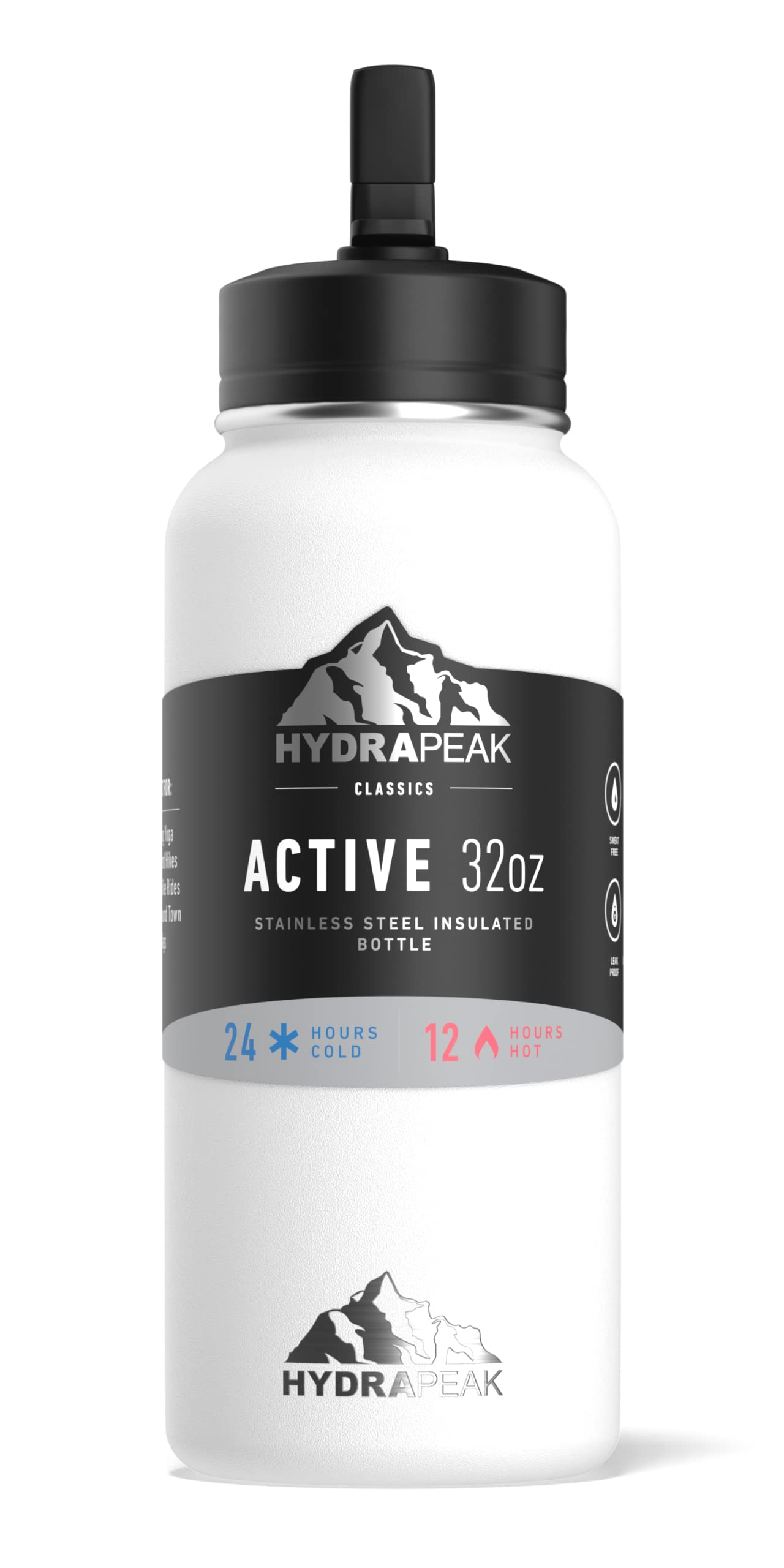 Hydrapeak 32oz Insulated Water Bottle with Straw Lid - Leak-Proof Stainless Steel, Double-Wall Vacuum, White